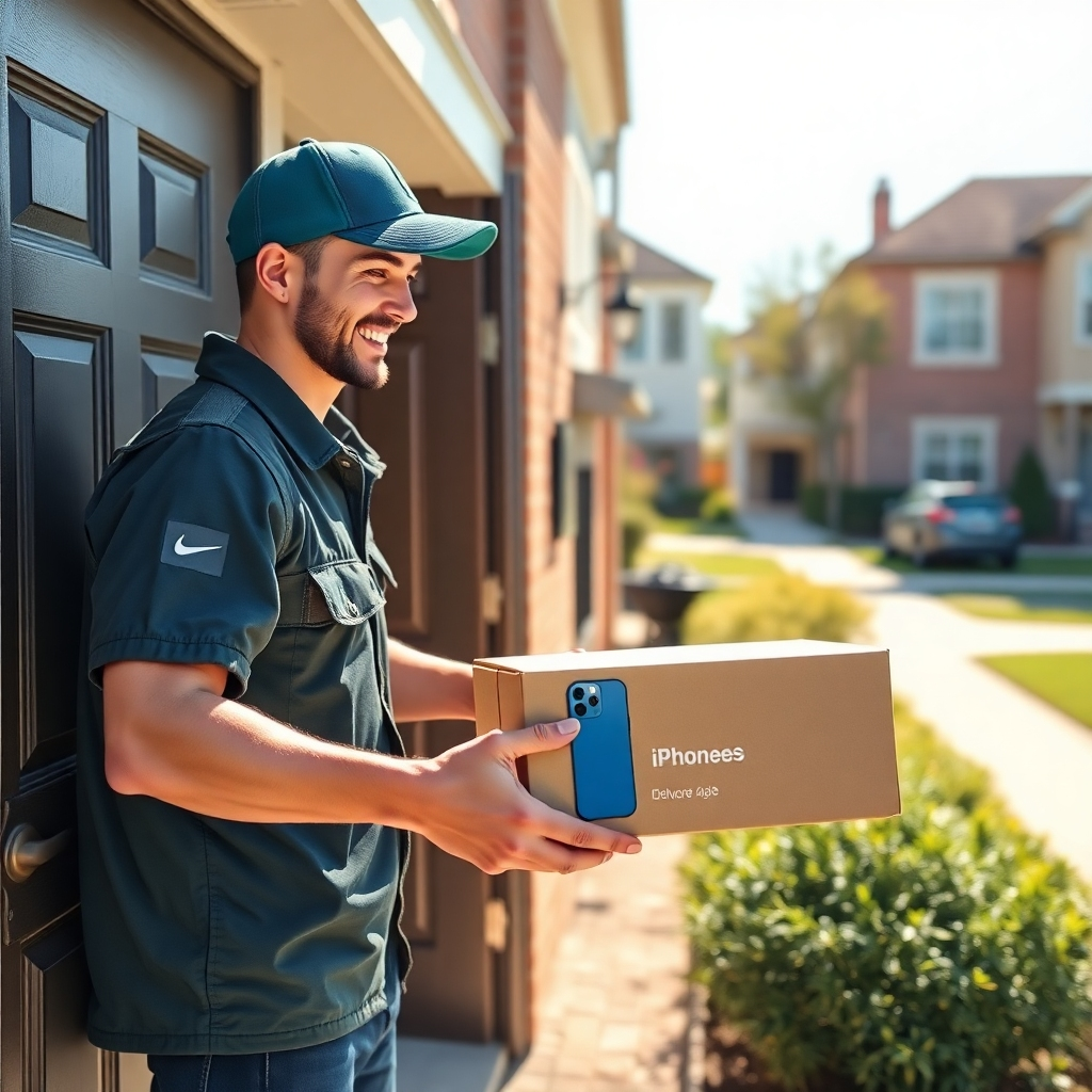 Create an engaging image of a delivery process showing a courier happily delivering an iPhone case package to a customer’s door. The setting should be a picturesque neighborhood, with a bright and sunny day enhancing the mood. Include the package prominently with visible branding, emphasizing the efficiency and reliability of the service. The overall quality should reflect an inviting and friendly delivery experience.