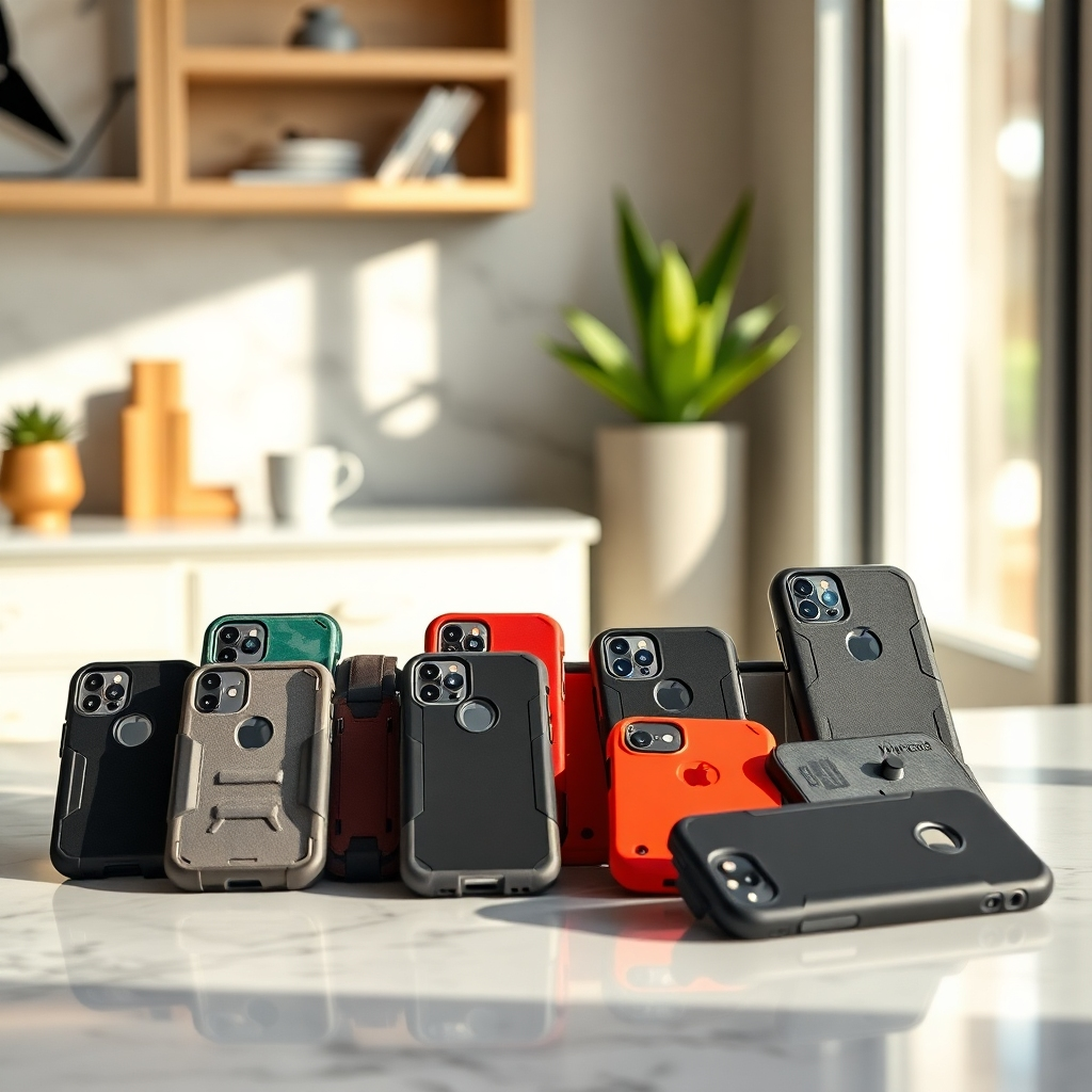 Depict a selection of the best iPhone cases arranged appealingly on a marble countertop. The cases should vary in color and style, showcasing both rugged and sleek designs. Soft natural light from a nearby window should illuminate the cases, highlighting their details. The composition should be inviting, encouraging potential buyers to explore and choose their favorites. Include a few plants or decorative items in the background for added ambiance. Target an appealing, photorealistic quality, enhancing the luxurious feel in the image.