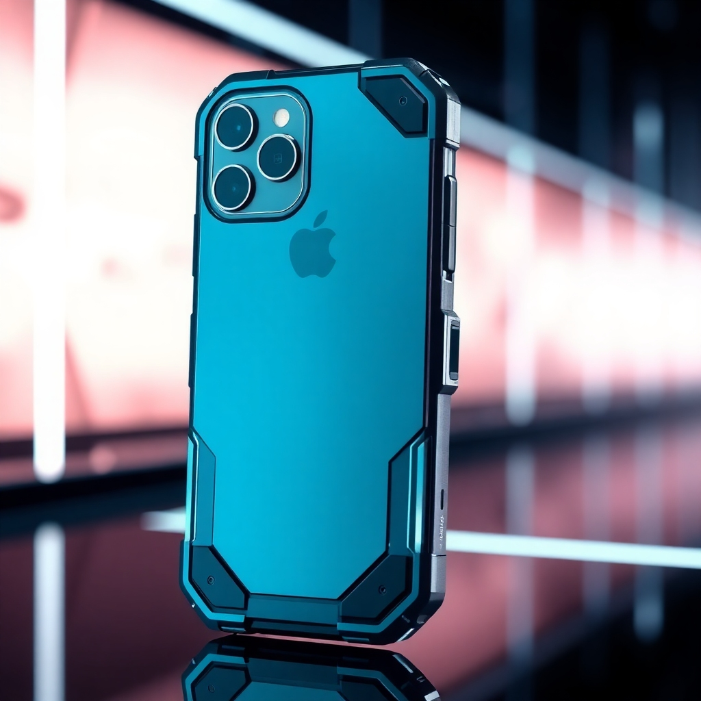 Display a futuristic iPhone case that incorporates cutting-edge technology, like wireless charging capabilities or modular designs, against a sleek, modern tech background. The lighting should be cool, reflecting the high-tech nature of the product. Use macro photography to emphasize details of the case's features. The image should inspire viewers with a blend of innovation and stylish aesthetics in 4K resolution quality.