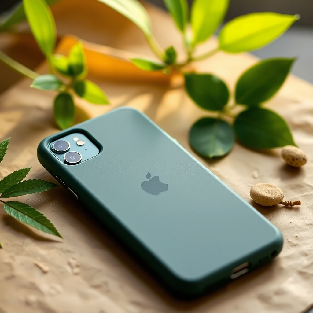 Feature an eco-friendly iPhone case made from sustainable materials placed on natural elements like recycled paper or wooden textures. The composition should convey a sense of harmony with nature, using soft, natural lighting. Include green plants or earth tones in the background, highlighting the company’s commitment to sustainability. Capture this imagery in a high-quality, photorealistic finish that resonates with environmentally conscious consumers.