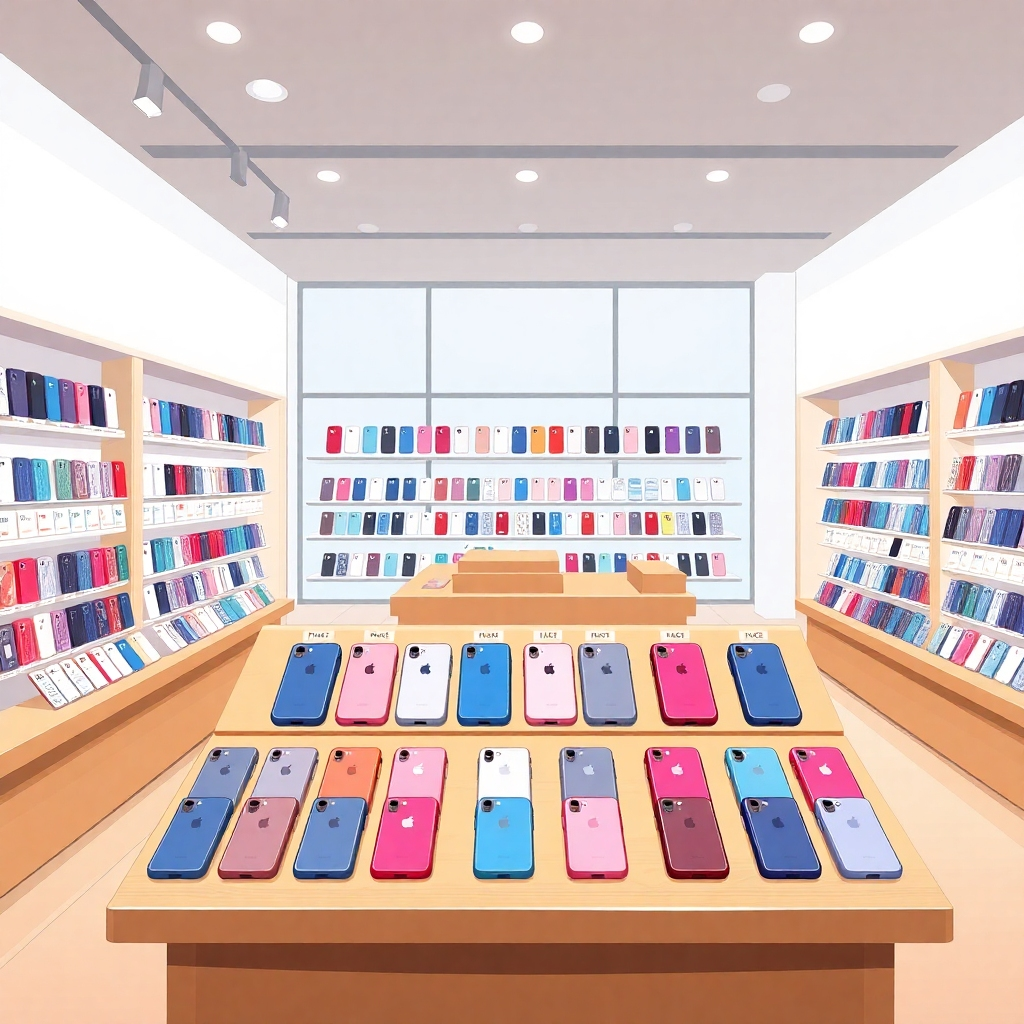 Illustrate a display in a modern store setting featuring a wide variety of iPhone cases neatly organized. The store should have a bright and inviting atmosphere, showcasing the cases in a stylish manner with clear labels for each type. The layout should encourage customer interaction, with friendly lighting and a well-arranged space. The intention is to communicate accessibility and quality in the offering.