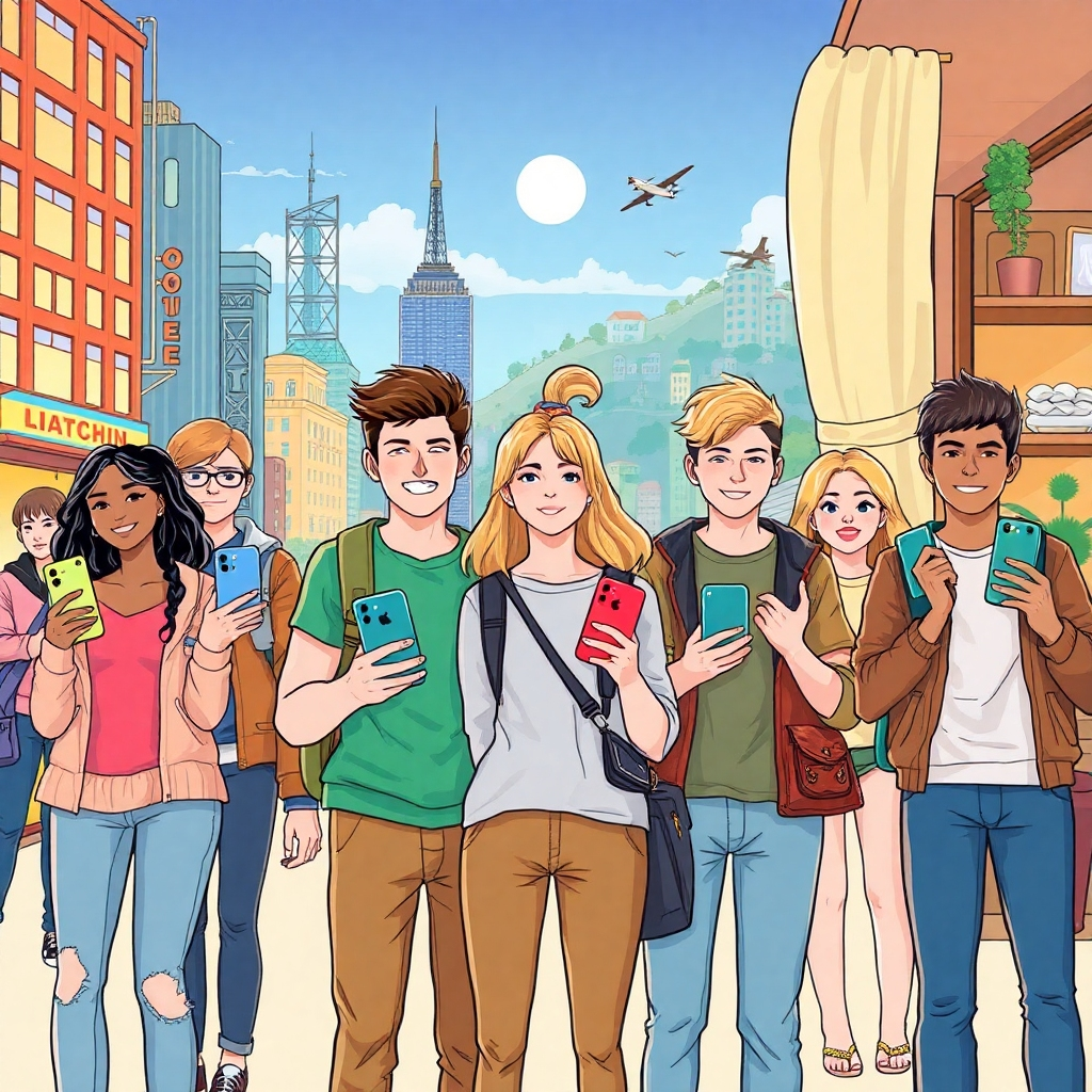 Illustrate a lifestyle scene featuring multiple users in different environments (like a bustling city, outdoor adventure, or cozy home). Each person should be holding their iPhones with various cases that match their settings and activities. The colors should vary, representing a diverse selection of styles. Aim for a bright and energetic atmosphere that targets young, active individuals. The image needs to feel relatable and should reflect a high-quality, photorealistic look.