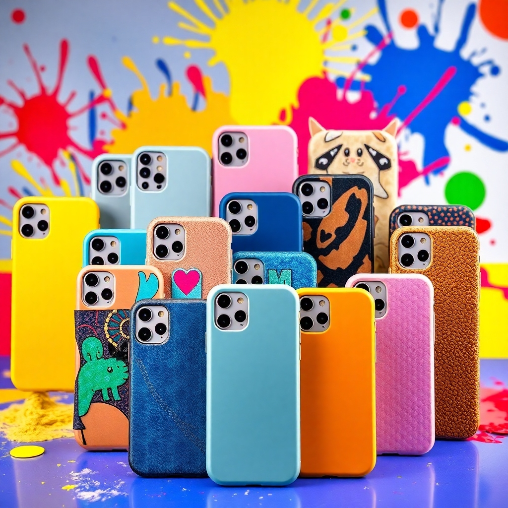 Show a diverse array of uniquely designed iPhone cases, arranged in a vibrant setup that emphasizes creativity. Use a colorful backdrop with artistic elements (like paint splashes or graphic art) to enhance the display. Each case should stand out, showcasing its distinctive characteristics with detailed textures. The lighting should be dynamic and fun, creating an engaging atmosphere. This image should be striking and of high quality, capturing the essence of unique personal expression.