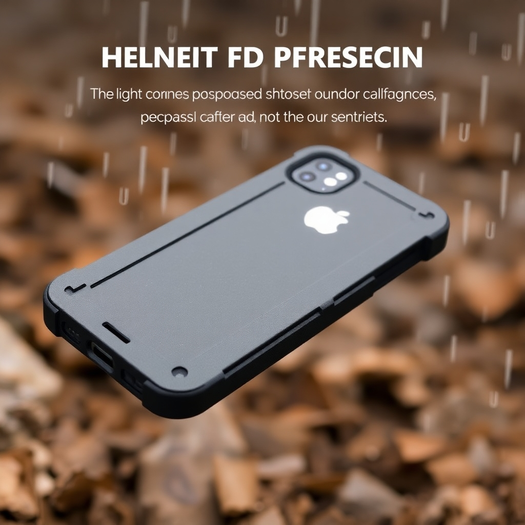 Showcase an iPhone case designed for protection with features like reinforced corners and a rugged exterior. The setting should be an outdoor scene perhaps with some light weather challenges like mist or rain, illustrating the case's durability in action. The focus should remain on the case's details while depicting an adventurous spirit. The image should be high-quality, showing textures clearly and conveying a sense of resilience.