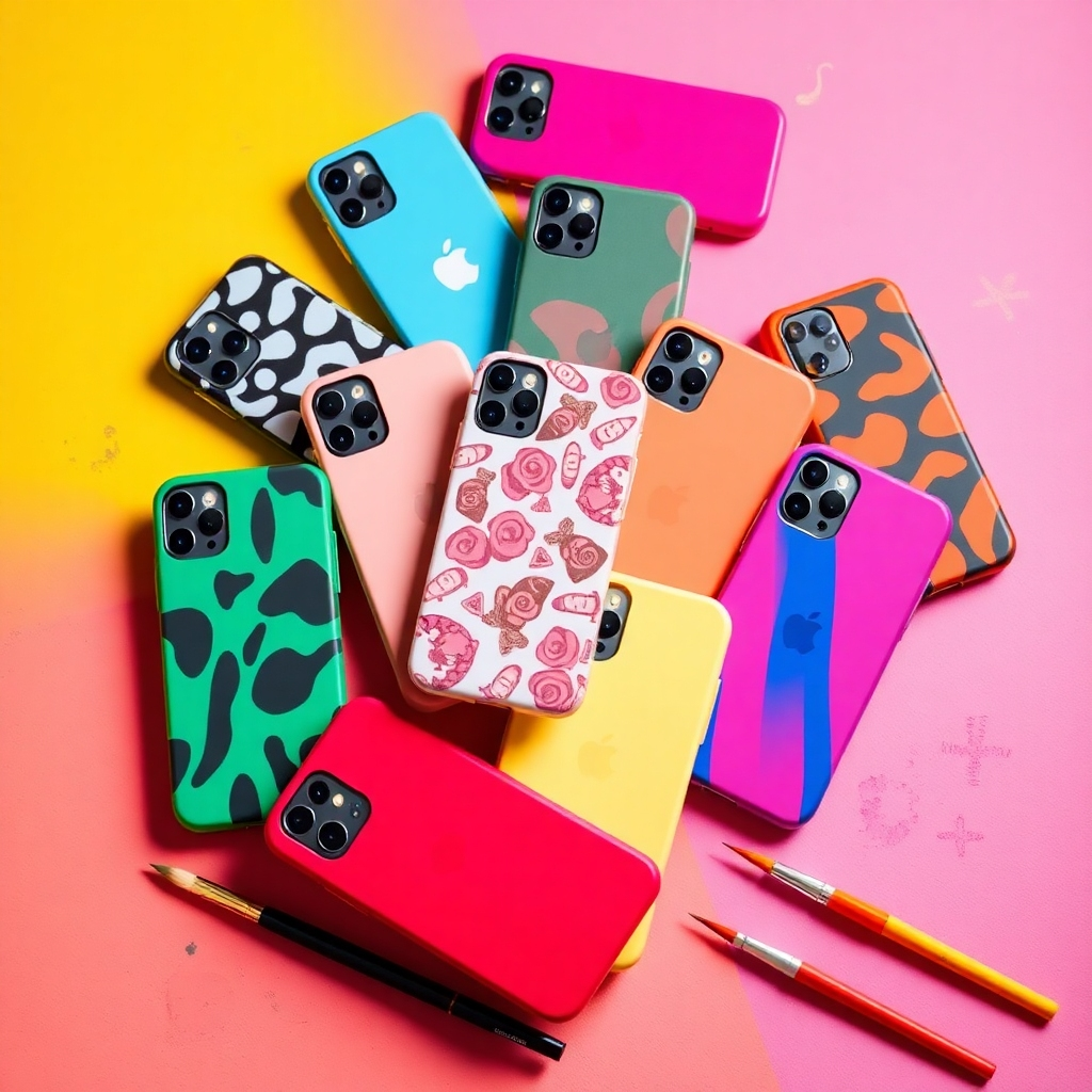 Visualize a collection of trendy iPhone cases displayed in a dynamic arrangement on a colorful background. Each case should exhibit unique patterns and vibrant colors that reflect current trends. The lighting should be playful and energetic, enhancing the colors and making them pop. Scatter a few props like artistic sketches or paint brushes around the display to suggest creativity and personal expression. Aimed at a stylish audience, the image should be striking and high-quality.