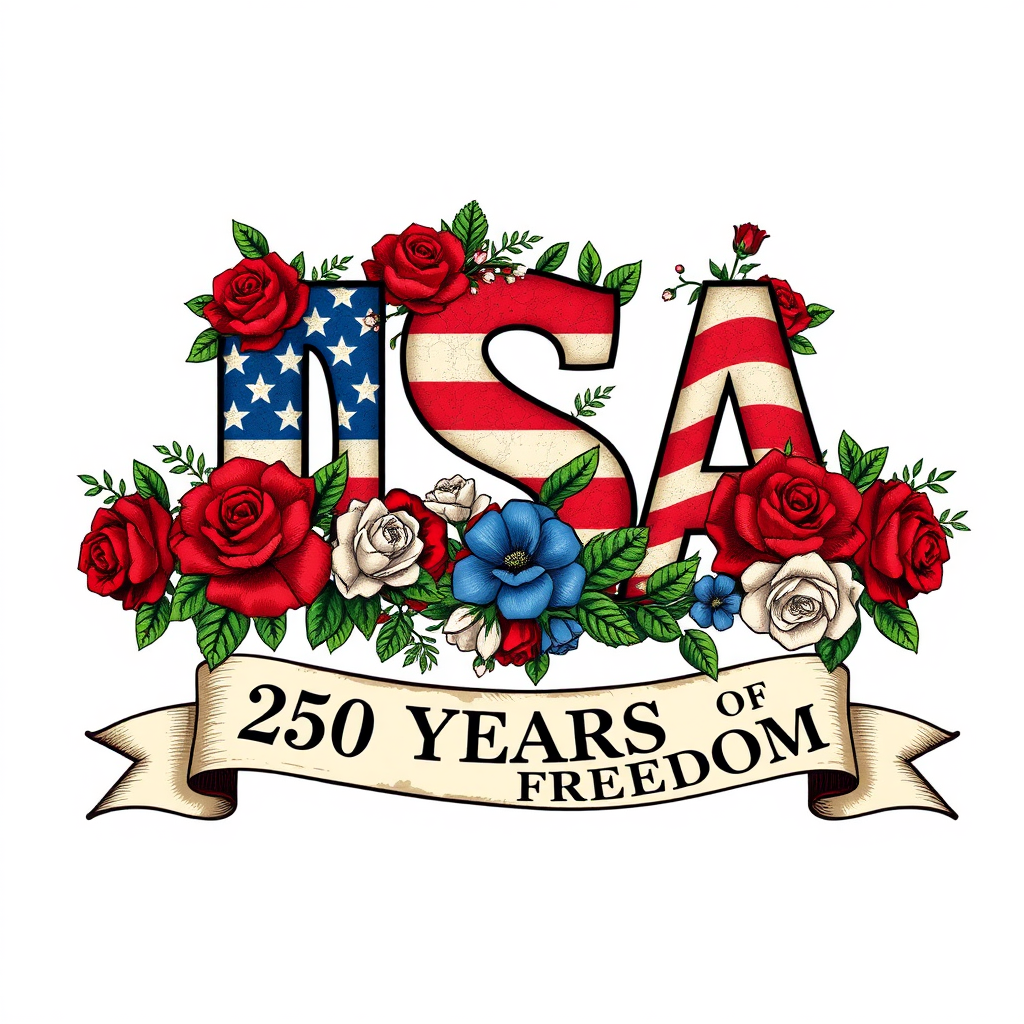 USA monogram with American flag pattern surrounded by flowers and a banner '250 Years of Freedom'