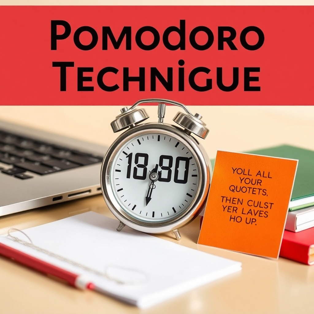 Create a visual of a timer set for the Pomodoro Technique, placed alongside a neat workspace with a laptop and notebooks. The timer should be prominently displayed, surrounded by a few motivational quote cards. Use bright, clear lighting to emphasize the workspace. A warm color palette with reds and yellows should suggest urgency and energy. Capture the scene at eye level to reinforce the focus on the timer and workspace, ensuring a photorealistic detail.