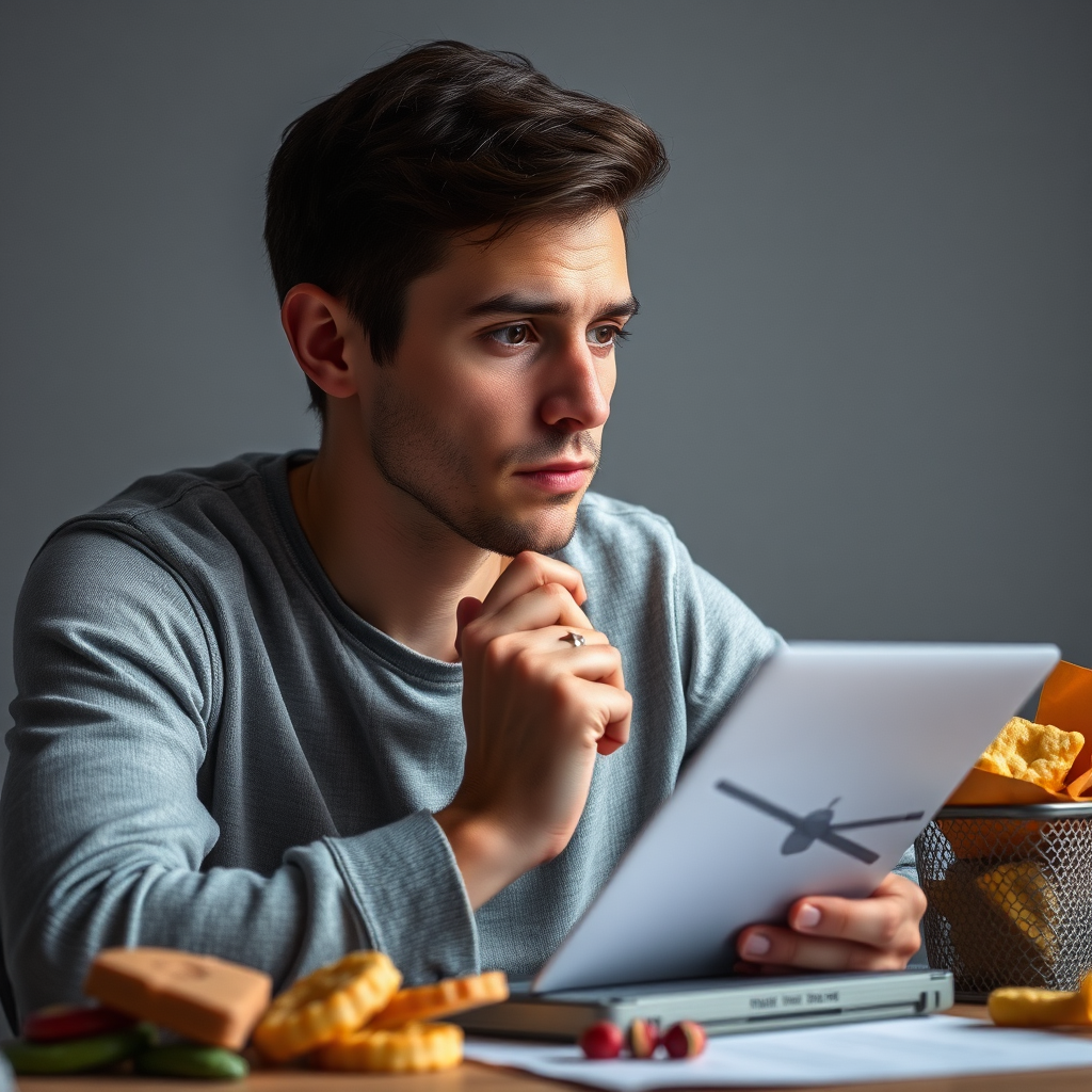 Create an image of a person looking thoughtfully at a list of tasks, surrounded by distractions like a phone and snack foods. The lighting should be soft but focused, highlighting the individual’s contemplative expression. A muted color palette that includes grays and pops of color from the distractions should reflect the nuance of procrastination. Capture this scene from a slight angle to show the tension between focus and distraction, aiming for photorealistic detail.
