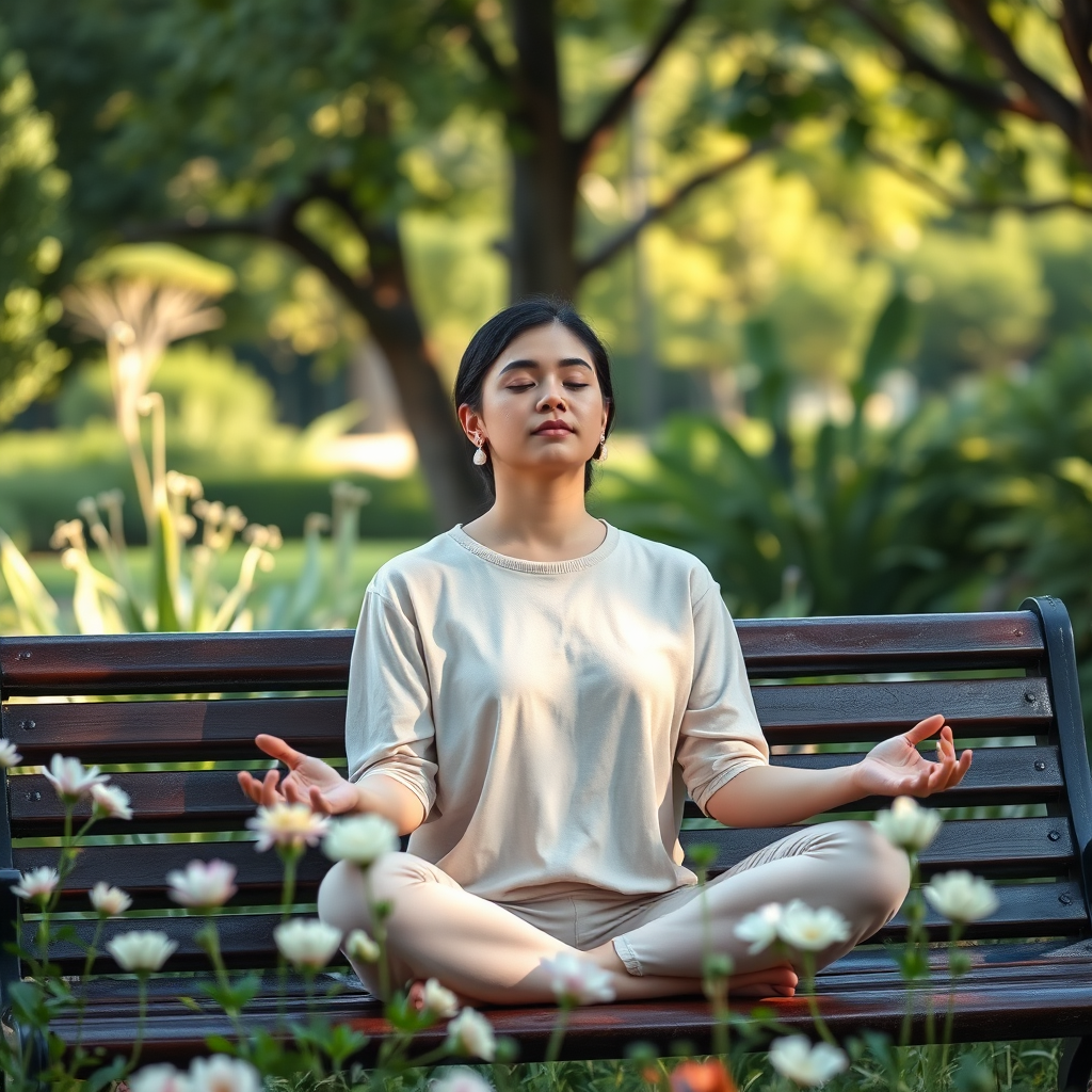 Create an image of a person practicing mindfulness in a peaceful outdoor setting, perhaps on a park bench with a view of nature. The individual should be sitting comfortably, eyes closed, surrounded by greenery and soft flowers. The lighting should be soft and natural, suggesting early morning or late afternoon, with gentle shadows that evoke serenity. Use a harmonious and calming color palette featuring earth tones and soft pastels. Capture the image from a slight distance to encapsulate the tranquil environment, ensuring a photorealistic quality.