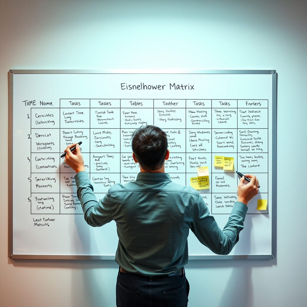 Depict an engaging scene showing a large whiteboard filled with the Eisenhower Matrix. A professional is actively writing new tasks, with markers and sticky notes scattered around. The lighting should be bright and engaging, emphasizing focus and productivity. The color scheme could include green and blue tones to signal organization and clarity. Capture this from a frontal view to emphasize the board and the engaged individual, ensuring a dynamic and photorealistic representation.