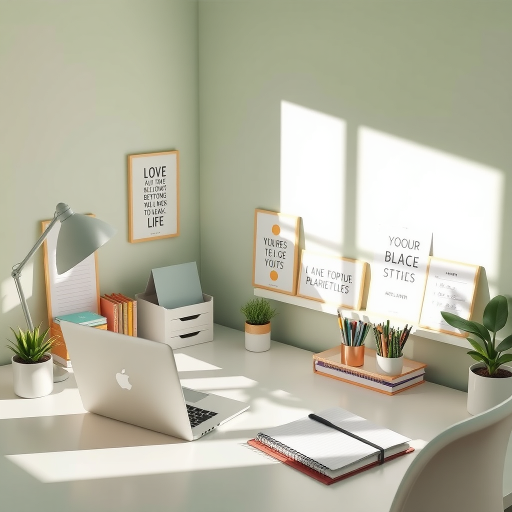 Design a photorealistic image to represent 'Best Life Planning' and its commitment to time management. The composition should feature a serene workspace with a well-organized desk, complete with a laptop, planner, and motivational quotes displayed creatively. Soft natural lighting should filter through a window, casting gentle shadows that bring out the details of the workspace. Use a calming color palette of pastel greens and blues to evoke a sense of tranquility and focus. The camera angle should be slightly above eye level, offering a perspective that invites viewers into a productive environment. Ensure the image is high quality in 4K resolution.