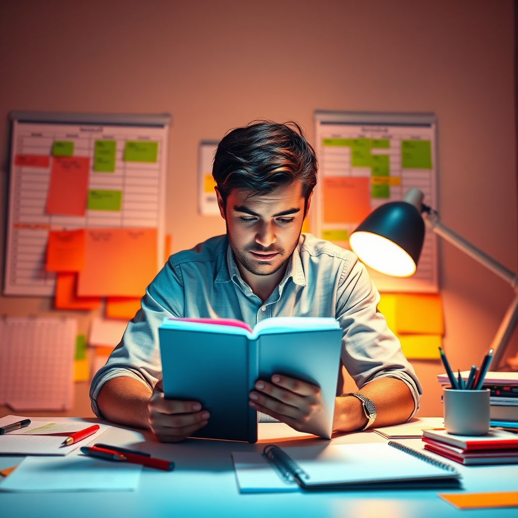 Generate an engaging visual that illustrates a person organizing their daily tasks using a digital planner. The scene should capture the individual at a desk surrounded by color-coded schedules and checklists. Bright, focused lighting should create a sense of clarity and purpose. Use a vibrant color palette that includes oranges and greens, representing energy and growth. Capture the moment from an angle that highlights the planner and the person’s determination. The image should be photorealistic and convey the essence of effective time management.