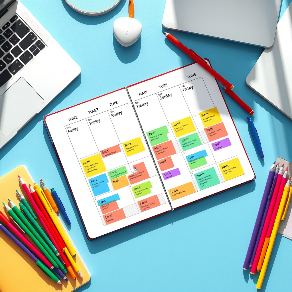Illustrate a calendar filled with color-coded time blocks representing various tasks throughout a week. The scene should include a planner sprawled on a desk along with colorful pens and a laptop. Bright, natural lighting should illuminate the workspace, creating a lively and motivating environment. Use vibrant colors for the time blocks to signify different types of tasks, alongside a calming blue for the desk. Capture this from above to show the organized layout, ensuring a photorealistic quality.