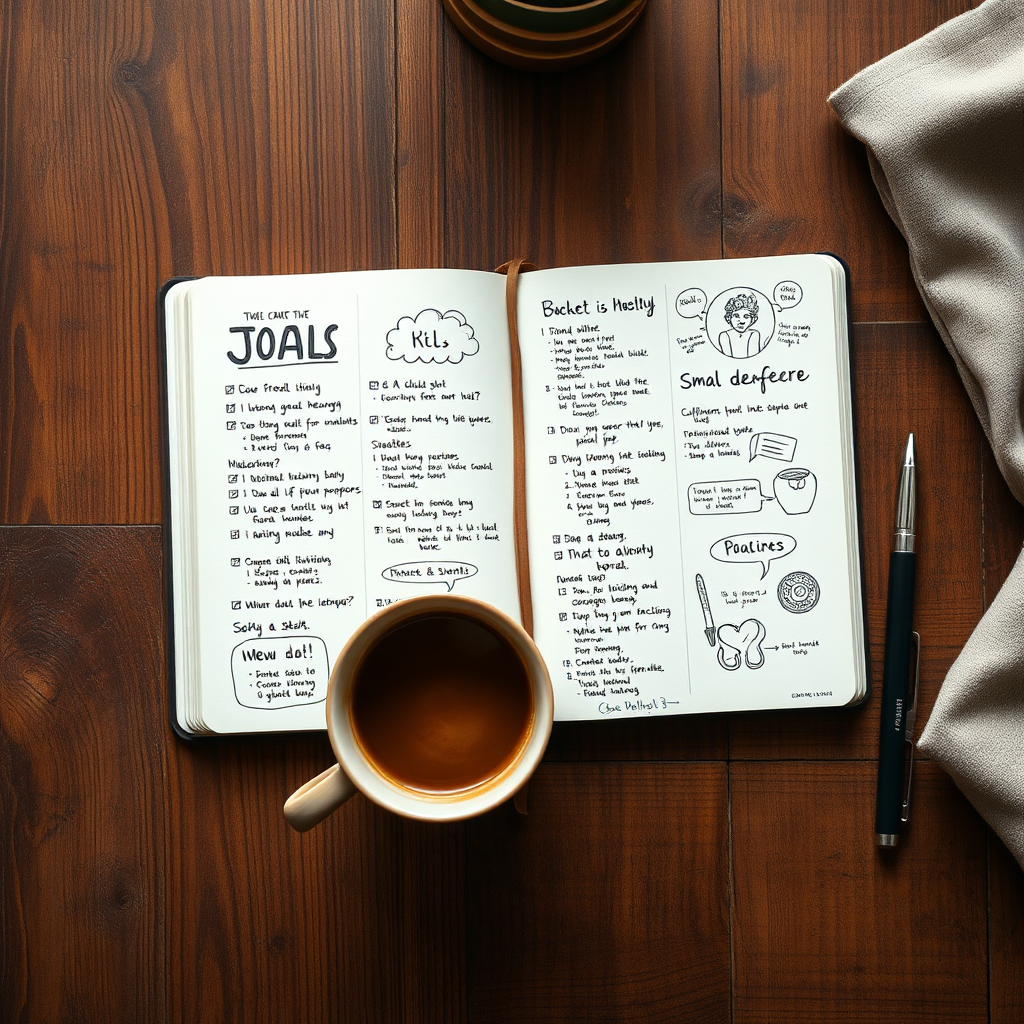 Visualize a close-up of a bullet journal filled with motivational goals and sketches. The journal should be open on a wooden table with a steaming cup of coffee beside it, symbolizing reflection and planning. Soft, warm lighting should enhance the cozy aspect, creating an inviting atmosphere. The colors should be earthy, with browns and greens emphasizing a grounded and motivational vibe. Capture this scene from a top-down perspective to focus on the details of the journal and coffee cup, ensuring a photorealistic finish.