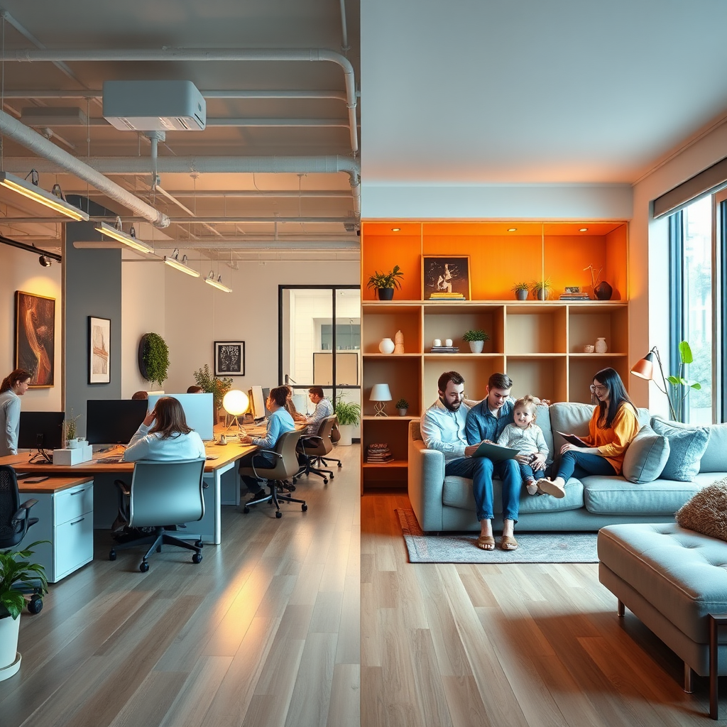 Visualize a split scene with one side showing a busy office environment and the other side depicting a relaxing home setting. The office should be lively with employees collaborating, while the home side should show a family enjoying quality time. Use contrasting yet complementary lighting, with bright fluorescent on the workspace and warm, ambient light at home. The color palette should balance cooler office tones with warm family colors, creating a cohesive image that emphasizes the balance. A wide-angle shot can showcase both worlds effectively in a photorealistic manner.