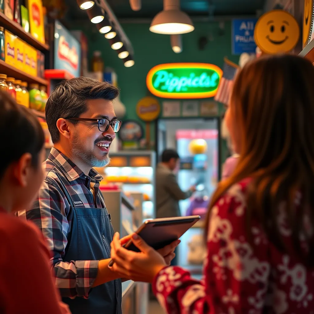 A bustling local business environment, with a friendly shop owner engaging with customers alongside a visible AI chatbot interface on a tablet. The shop is filled with colorful products, with warm, inviting lighting that reflects a vibrant atmosphere. The owner's expressions convey warmth and professionalism, symbolizing attentive customer service. The background is lively, showcasing the shop's branding and products. The composition is lively and animated, taken from an engaging angle that captures both the human interaction and the digital aspect of the AI chatbot. The style is vibrant and dynamic, portraying a community-focused environment in ultra-high definition, emphasizing clarity and detail.