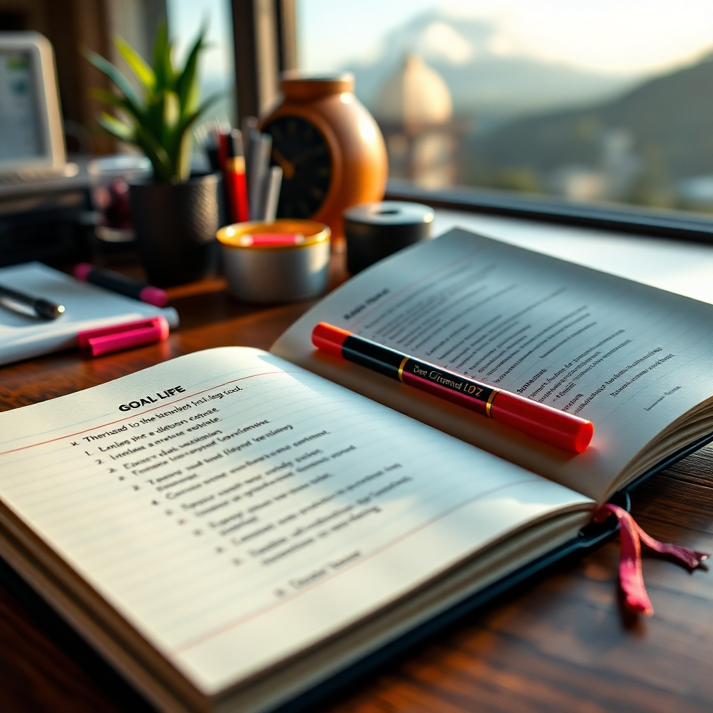 A close-up, photorealistic image of a notebook open to a page filled with well-organized goals and colorful markers, set against a backdrop of a scenic workspace, enhancing the feeling of productivity and goal-setting.