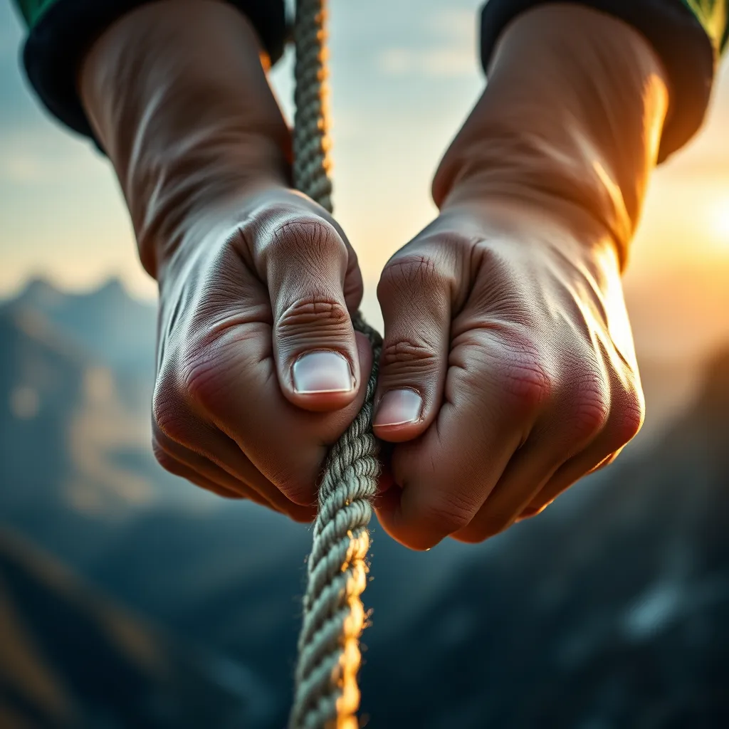 A close-up shot of a person’s hands gripping a rope tightly, symbolizing determination. The background features blurred images of mountains, representing challenges, with gentle sunlight illuminating the hands, signifying strength and inner power.