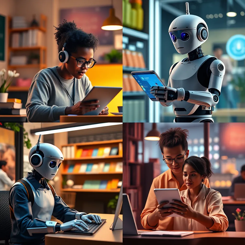 A collage of various scenarios where AI chatbots assist small business needs: a solopreneur answering a customer inquiry, a local shop processing an online order via chatbot, and a side hustler scheduling appointments effortlessly. Each scene should be vibrant and relatable.