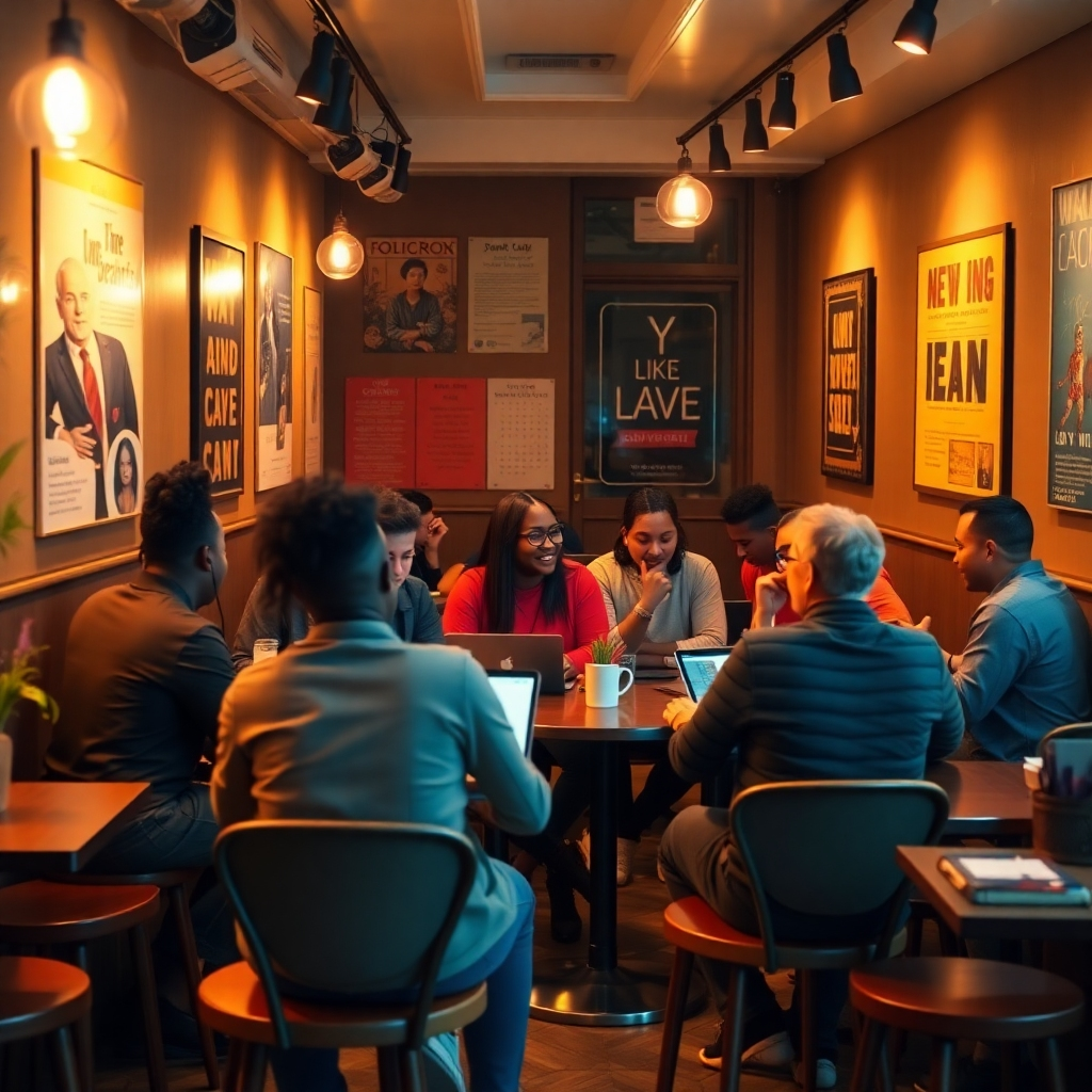 A cozy café setting with a diverse group of people sitting at small tables, engaged in animated discussions. Warm lighting creates an inviting atmosphere, with laptops open and inspirational posters on the walls, reflecting a vibrant community vibe.