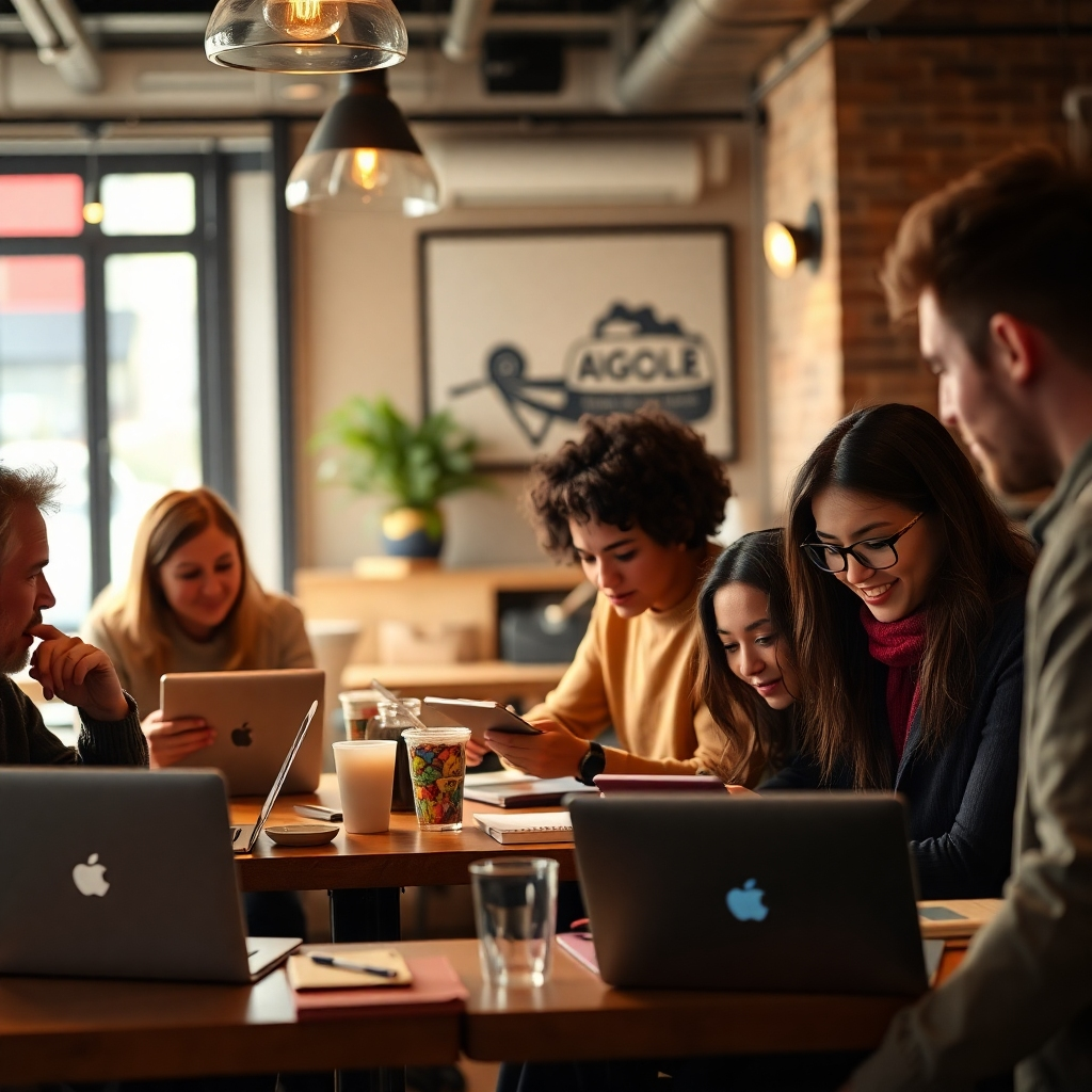A cozy coffee shop scene depicting a diverse group of people engaged in lively discussion over laptops and notebooks. The ambiance is warm and inviting, with soft lighting, emphasizing camaraderie and collaborative spirit among side-hustlers.