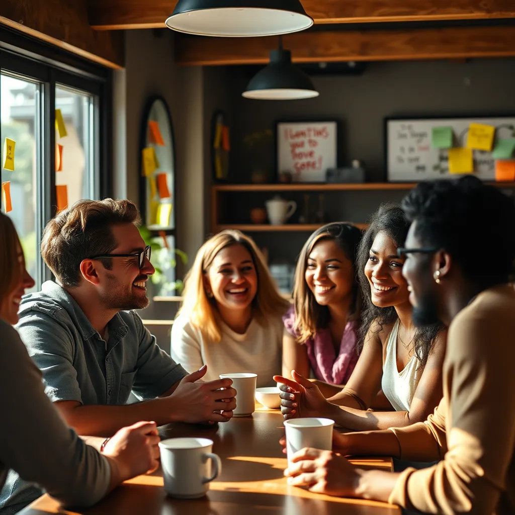 A diverse group of individuals in a cozy coffee shop, engaging in deep conversation. They are sharing laughter and smiles while colorful post-it notes with motivational messages are stuck around the walls. Natural light casts a warm glow, creating an inviting atmosphere.