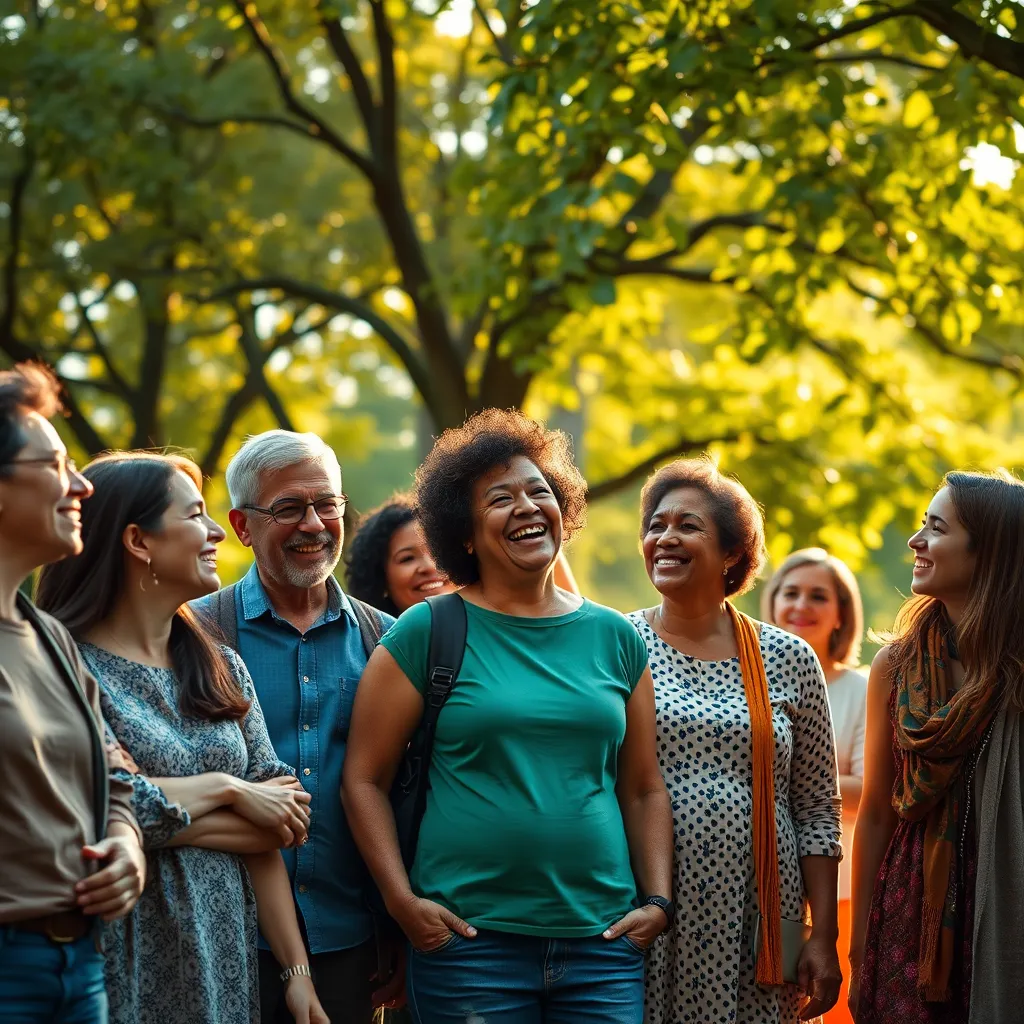 A diverse group of people of various ages and backgrounds standing in a vibrant park, sharing laughter and encouraging one another. Trees in the background create a warm, inviting atmosphere, with sunlight filtering through the leaves, symbolizing growth and support.