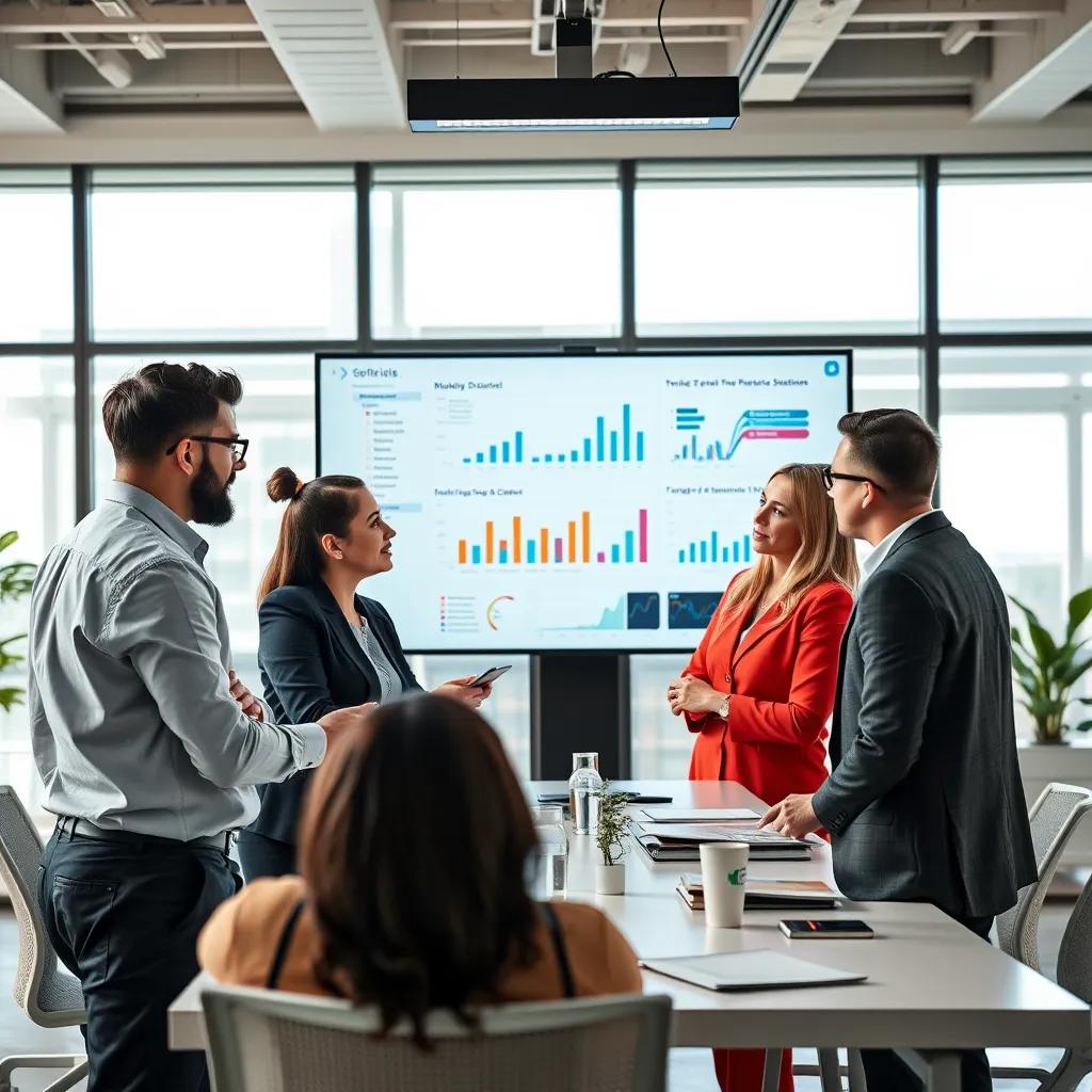 A diverse group of professionals in a modern office setting, discussing software solutions. Include charts and graphs on a screen showing market analysis and target demographics, with an emphasis on collaboration and engagement.