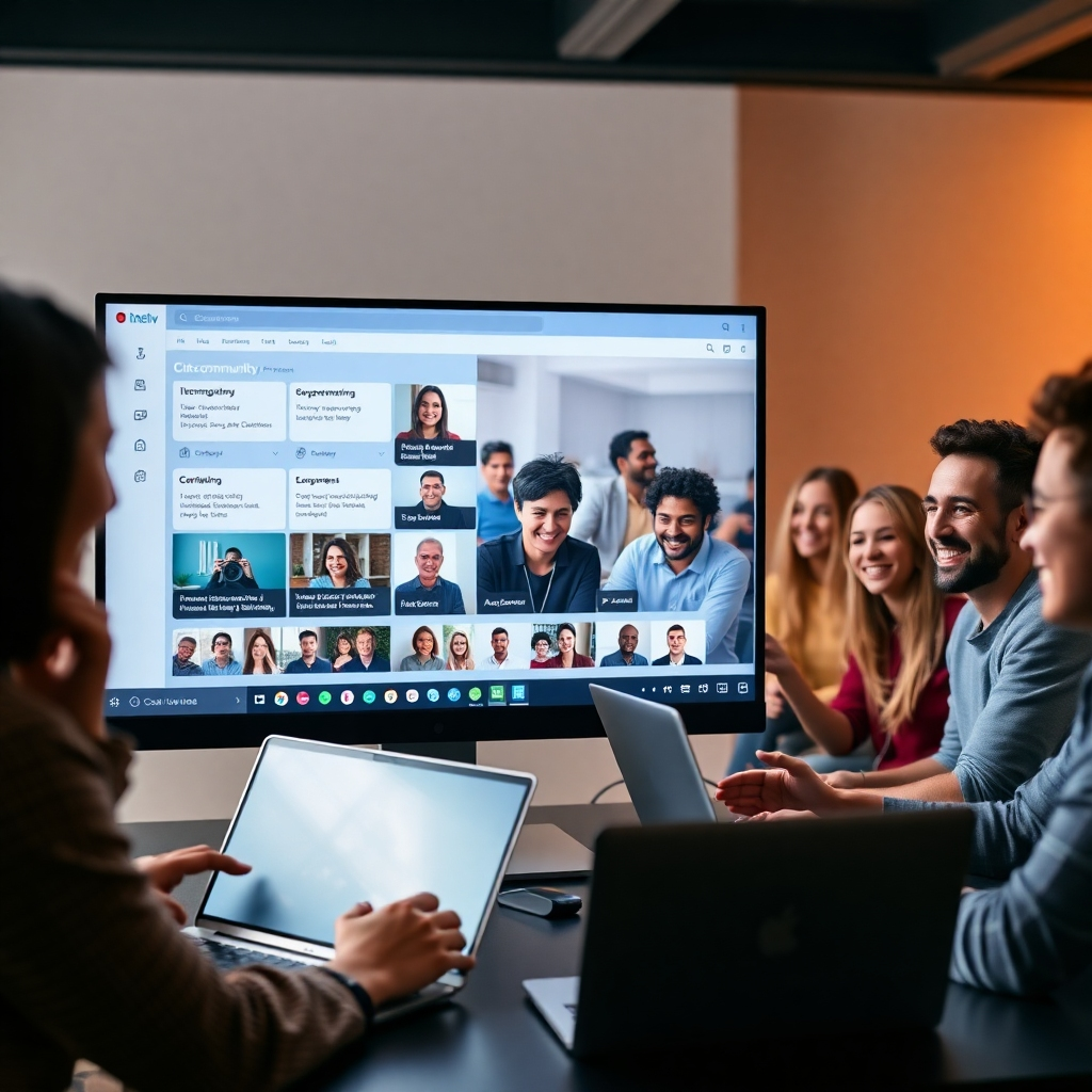 A dynamic online community forum interface displayed on a computer screen, showing active discussions. In the background, a diverse group of people, engaged in a video call on laptops, are smiling and supporting each other, creating a sense of unity.