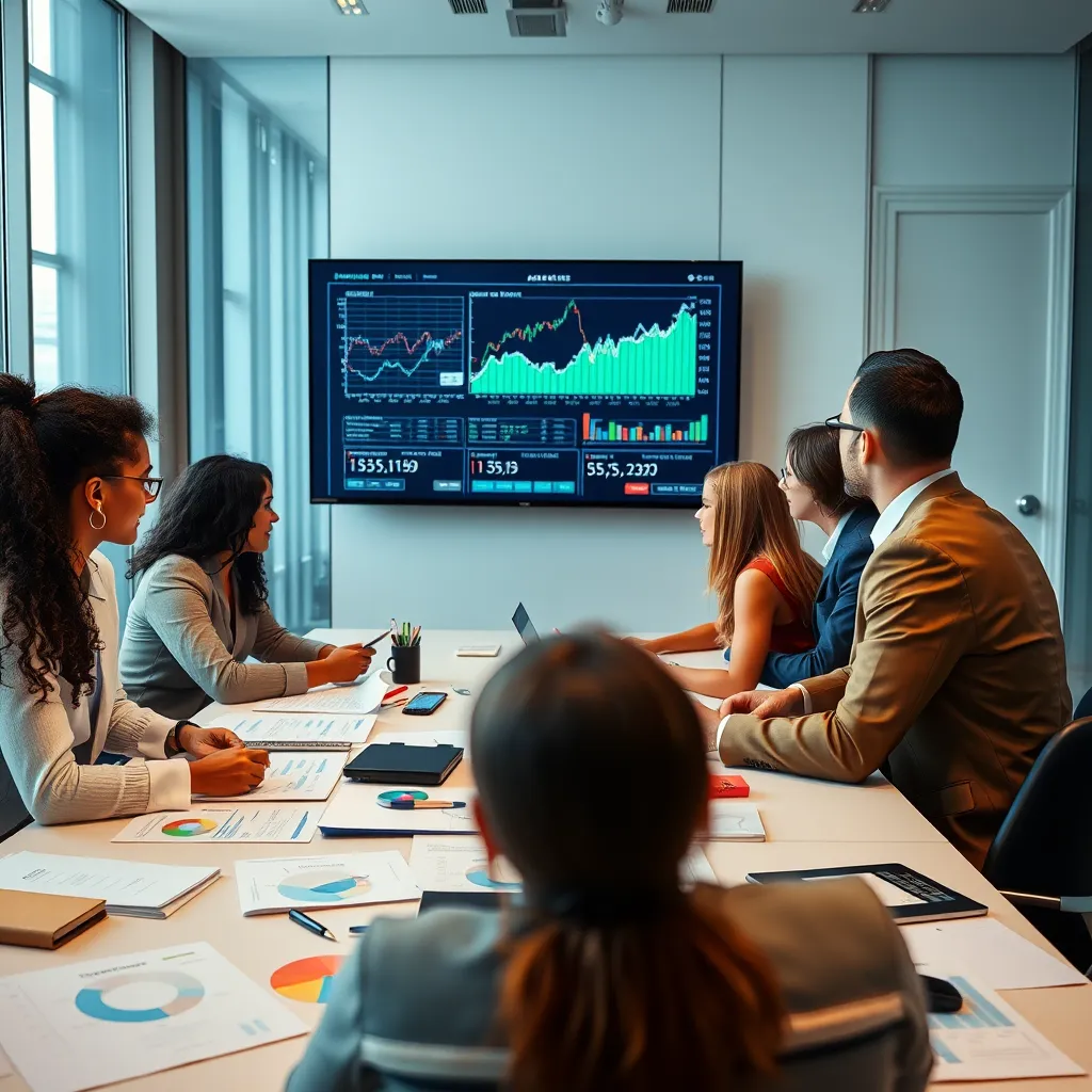 A focused team of diverse business professionals analyzing market data on a large screen in a modern conference room, with graphs, charts, and notes scattered around. Bright lighting and a sense of collaboration are palpable.