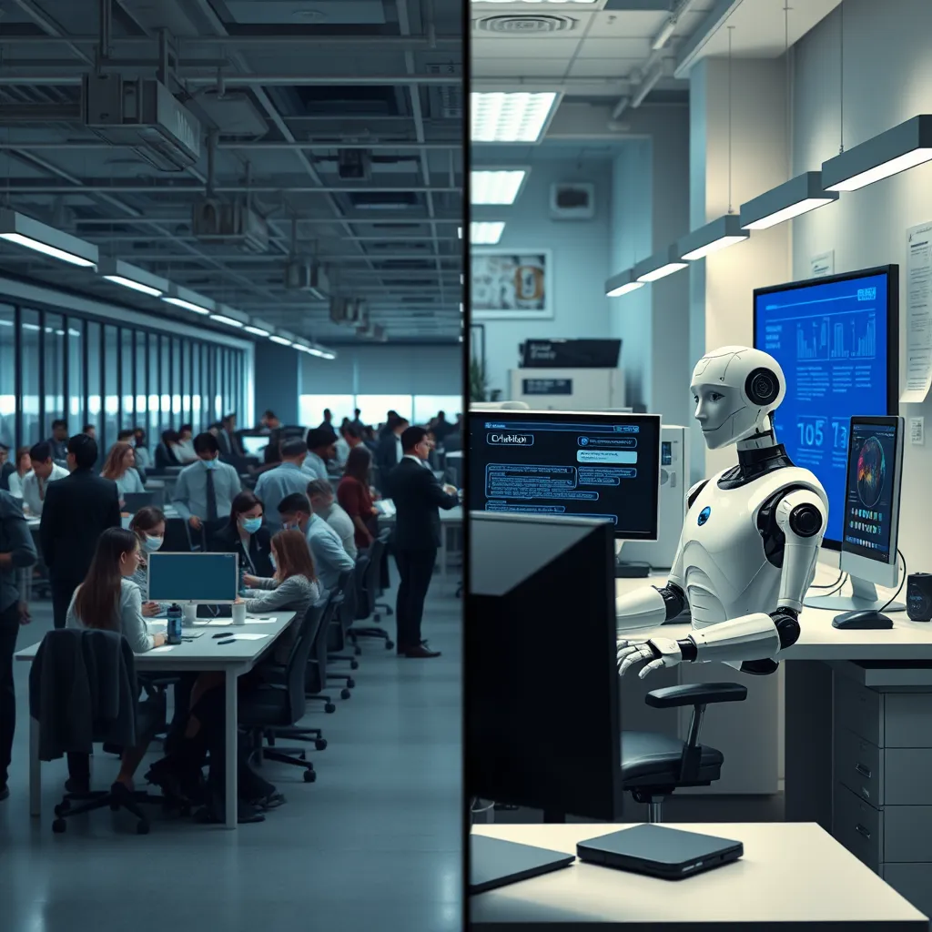 A high-quality image showing a split scene: one side depicts a busy office with numerous staff members, and the other side shows a streamlined workspace with an AI Chatbot on a computer, demonstrating efficiency and reduced labor costs.