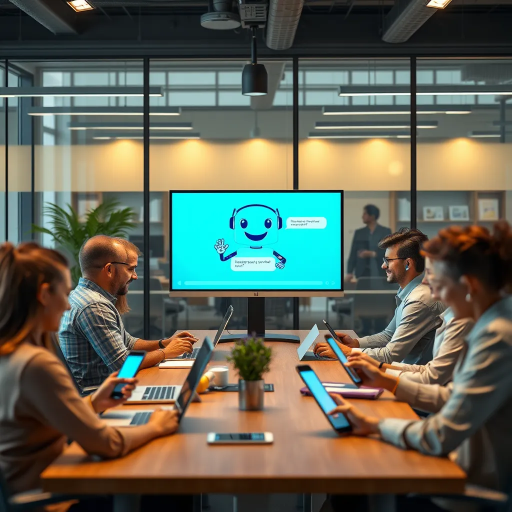 A modern office environment showcasing a friendly AI chatbot on a computer screen, interacting with customers via chat. Include a diverse group of satisfied customers engaging with the chatbot on their devices, portraying a vibrant and efficient customer support atmosphere.