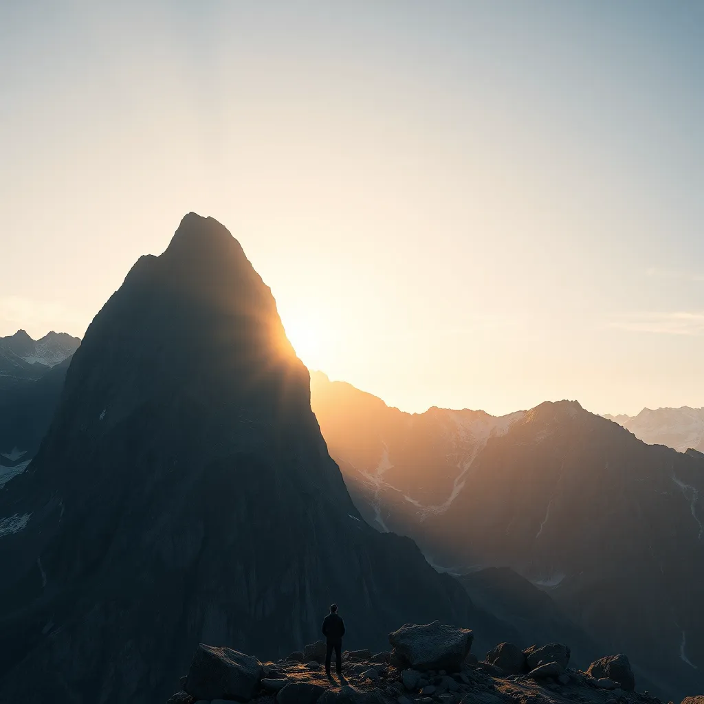 A person standing at the base of a steep mountain, looking up with determination. The mountain should symbolize challenges, while the sky above should be bright and hopeful, hinting at a sunrise, representing new beginnings and personal growth.
