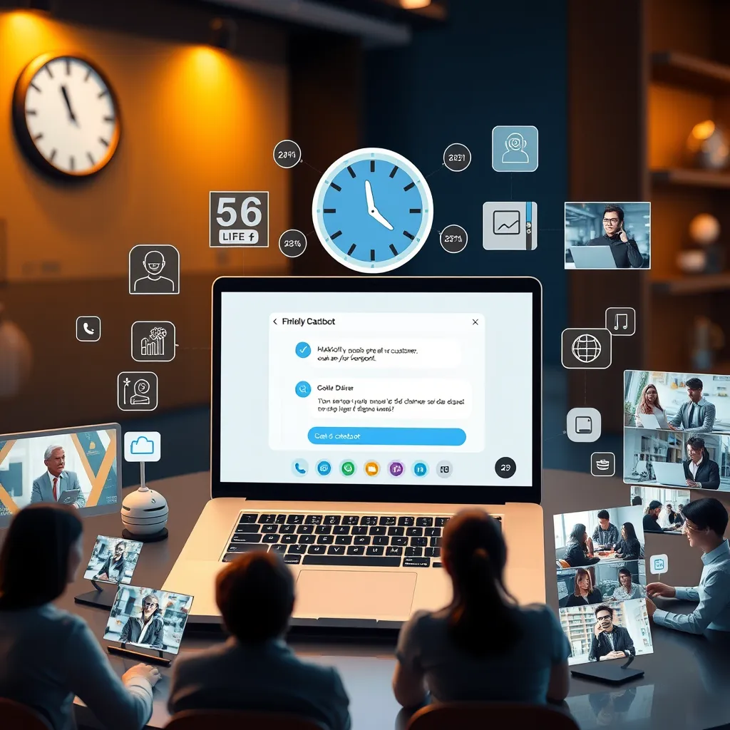 A photorealistic image depicting a friendly AI chatbot interface on a laptop screen, surrounded by icons representing customer support, a clock showing 24/7 availability, and diverse customers engaged with the chatbot in various digital environments.