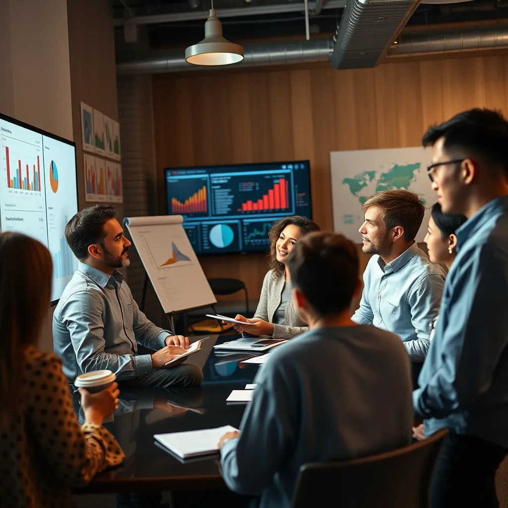A professional setting featuring a diverse team engaged in a collaborative meeting. One person is presenting data on a screen, while others are listening attentively and taking notes. The atmosphere is vibrant and filled with charts, graphs, and notes, reflecting open communication.