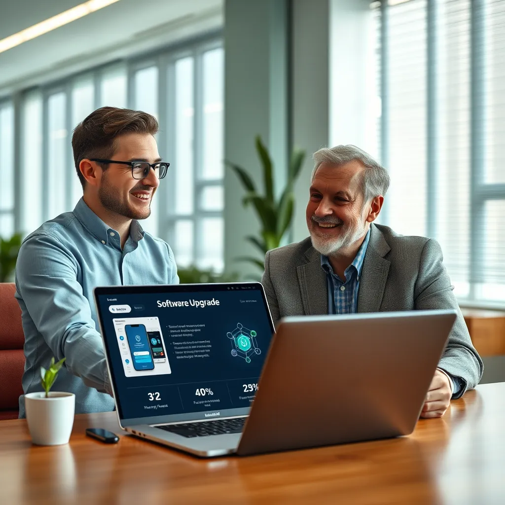 A sales representative presenting a software upgrade package to a satisfied client in an office setting. The scene captures a visual of the software interface on a laptop, with engaging graphics illustrating additional features.