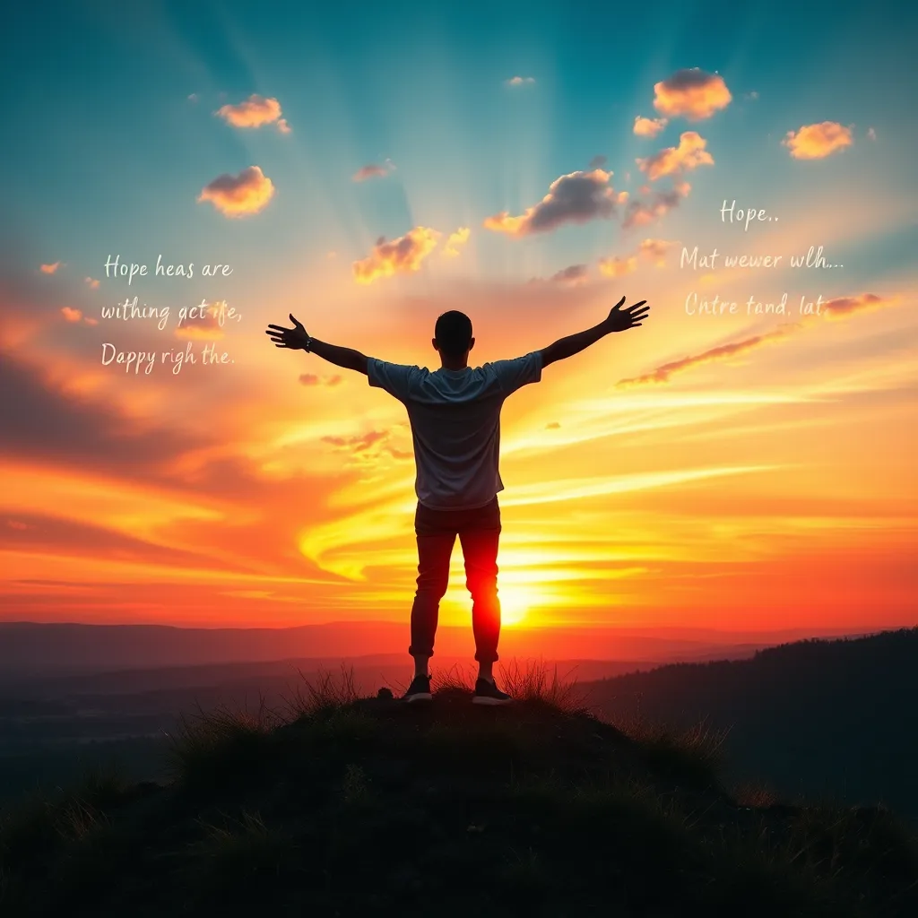 A serene landscape at sunrise, featuring a person standing on a hilltop with arms outstretched. The sky is filled with vibrant colors, symbolizing new beginnings. Inspirational quotes subtly integrated into the clouds, evoking a sense of hope and positivity.
