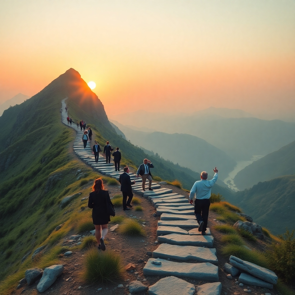 A serene landscape illustrating a winding path leading up a mountain, symbolizing the journey of personal growth. Along the path, a diverse group of determined individuals in professional attire are seen overcoming obstacles and celebrating small victories, with the sun rising in the background.