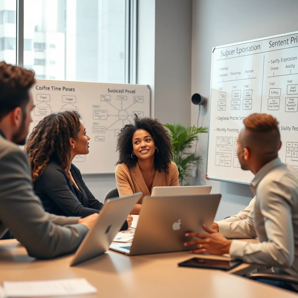 A serene office environment showcasing a diverse team discussing a subscription-based pricing model on whiteboards filled with diagrams. Laptops open, with visuals of software packages and monthly pricing charts present in the background.