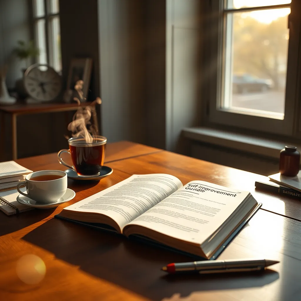 A serene workspace featuring an open self-improvement guide on a wooden desk, surrounded by cozy elements like a steaming cup of tea, a notepad, and a pen. Sunlight filters through a window, creating a warm ambiance that radiates focus and tranquility.
