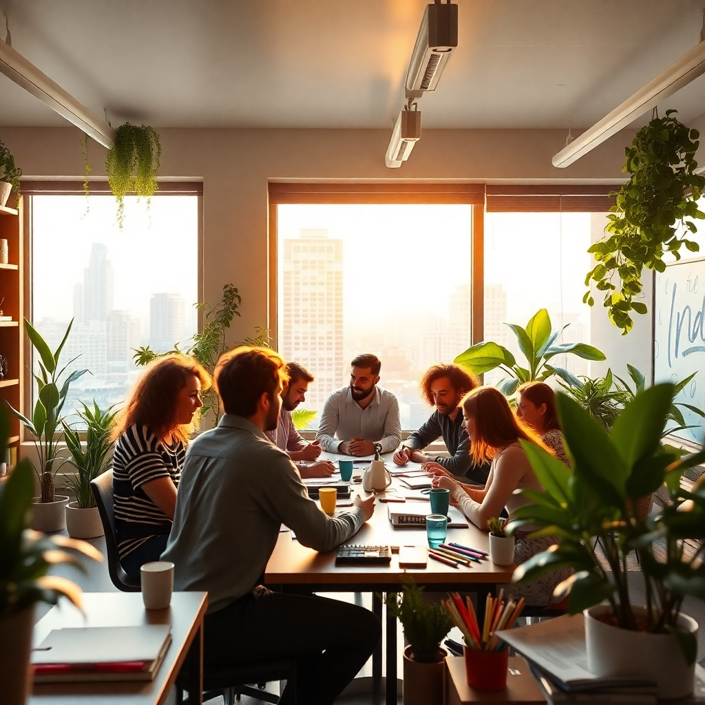 A serene workspace filled with plants and colorful stationery, showcasing a diverse group of individuals brainstorming enthusiastically. A large window with sunlight pouring in, reflecting a vibrant cityscape outside, symbolizing creativity and inspiration.