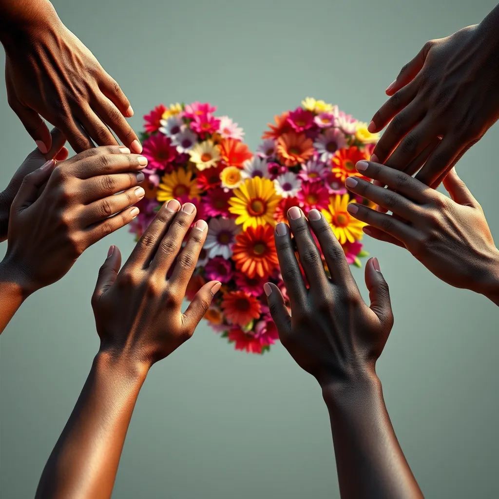 A series of hands of various skin tones reaching out to each other, symbolizing connection and kindness. In the background, a heart-shaped arrangement of flowers blooming in vibrant colors captures the essence of hope and positivity.