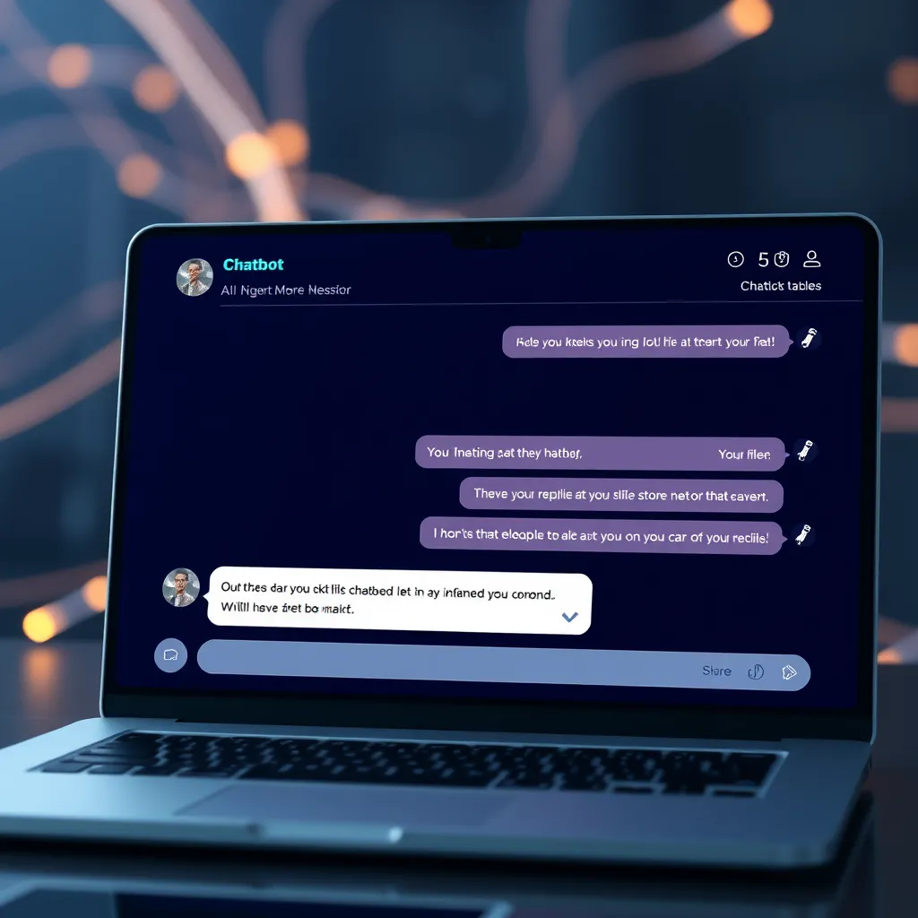 A sleek, modern digital interface showing a chatbot conversation on a website. Include elements like user messages, AI chat replies, and a visually appealing layout. The background should hint at technology with soft glowing lines, representing connection and communication.