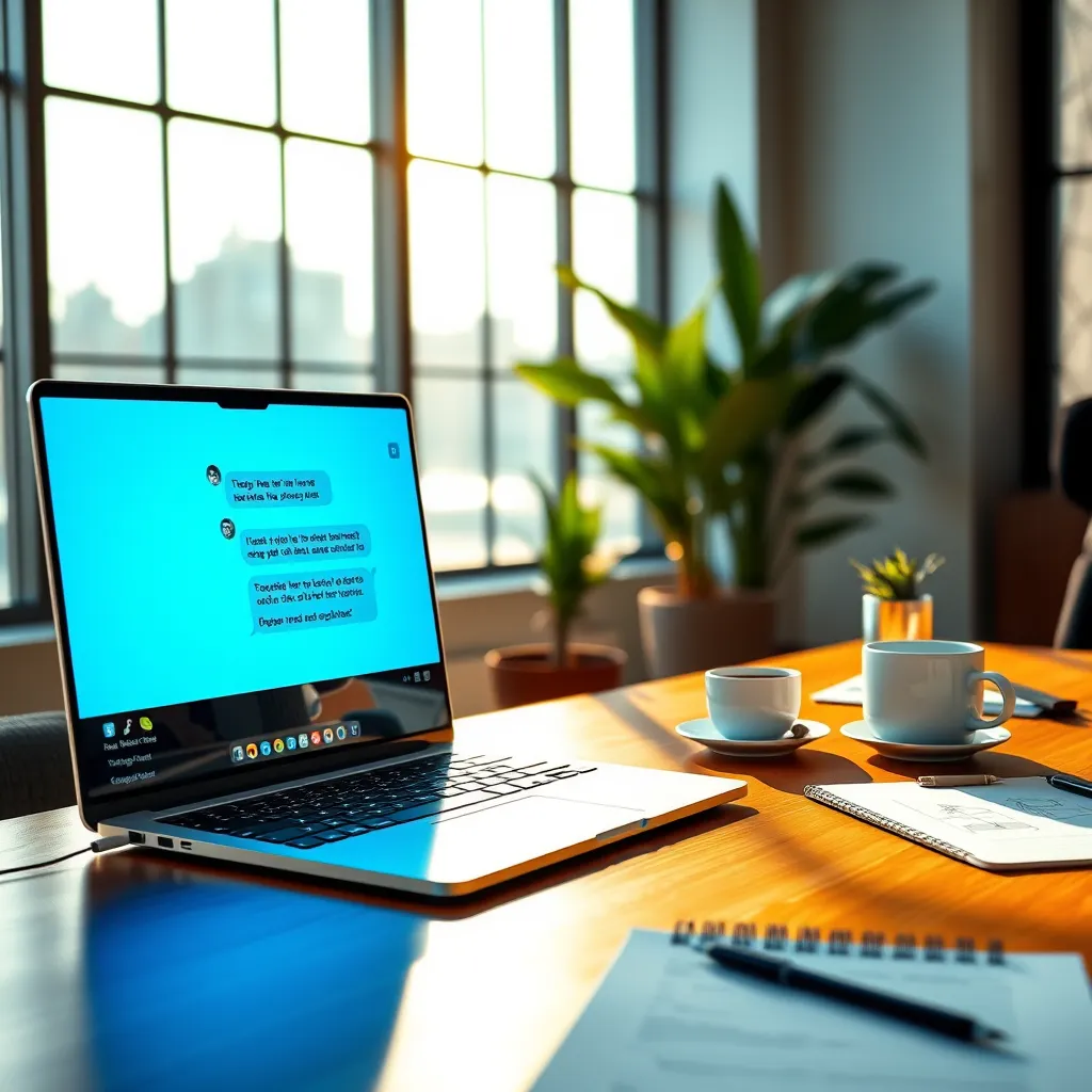 A sleek, modern office space featuring a laptop on a stylish desk displaying an interactive AI chatbot interface. The screen glows softly, illuminating the workspace with a calm blue hue. Natural light filters through large windows, creating a bright and inspiring environment. Background elements include a potted plant, a coffee cup, and a notepad with sketches, emphasizing creativity. The focus is on the laptop and the chatbot conversation, captured from a slightly elevated angle to showcase the screen clearly. The texture of the desk is warm wood, while the overall atmosphere exudes professionalism and innovation. The composition is hyperrealistic and ultra-detailed, presented in 8K resolution.