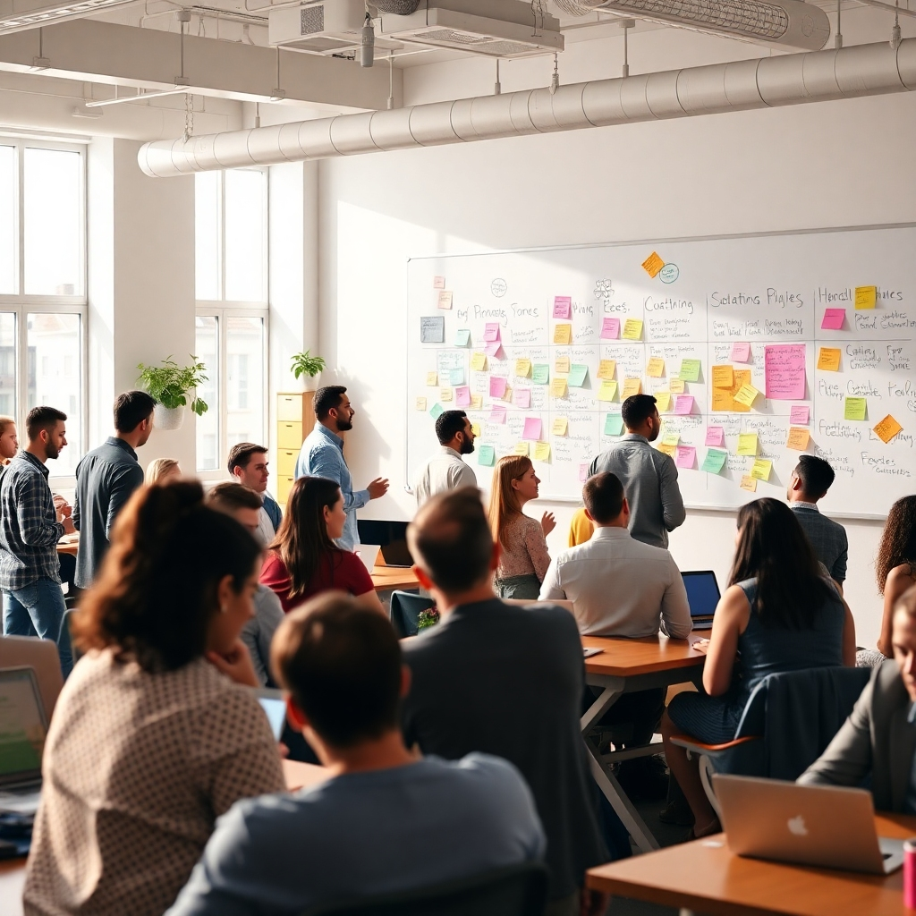 A vibrant co-working space filled with people of various backgrounds engaged in conversations, sharing ideas, and collaborating over laptops. Natural light floods the room, and a large whiteboard filled with colorful notes showcases brainstorming in action, reflecting the spirit of community.