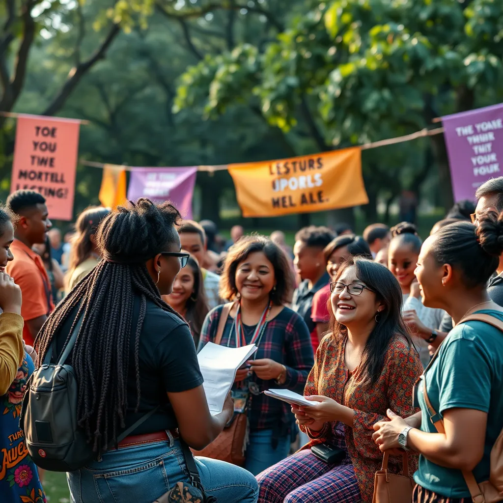 A vibrant community gathering in a park, with diverse individuals sharing stories and laughter. The scene should include a mix of ages and backgrounds, colorful banners with motivational quotes, and nature surrounding them, conveying a sense of unity and inspiration.