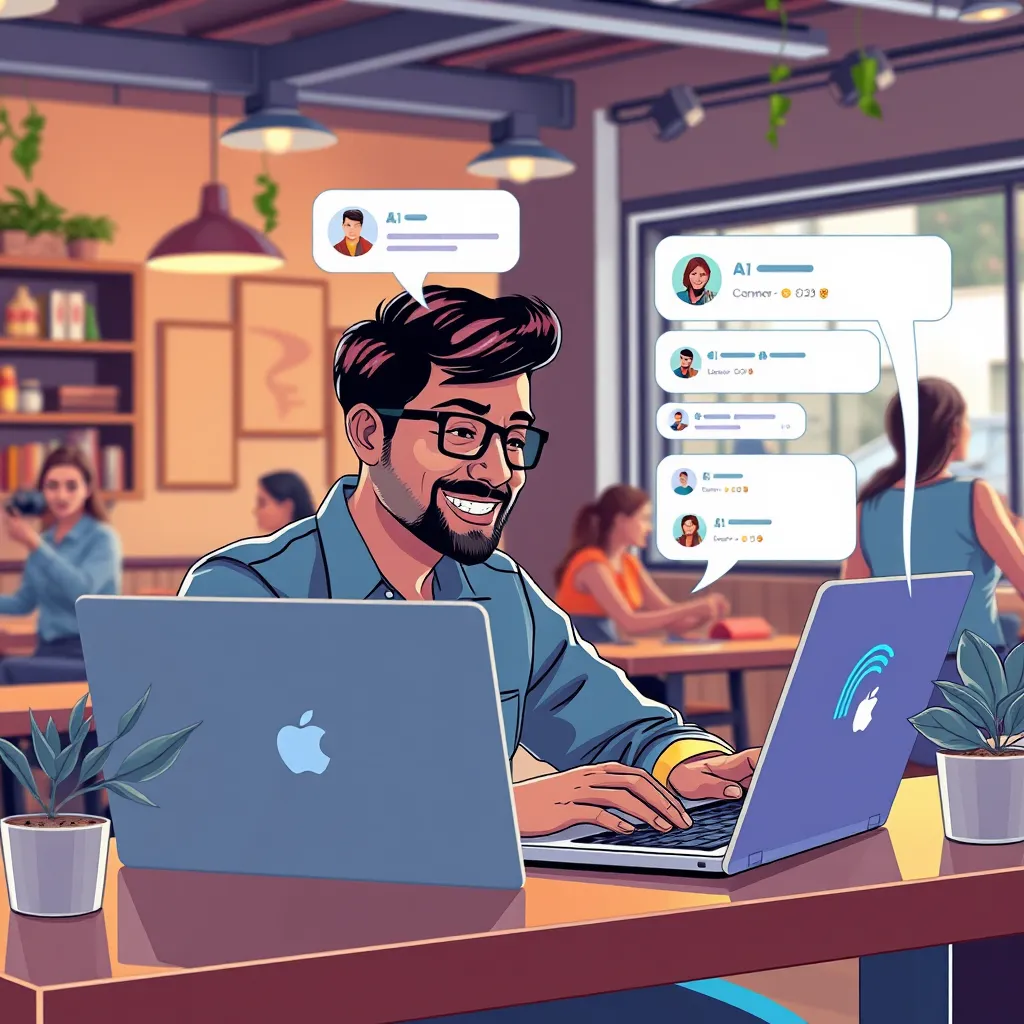 A vibrant illustration of a small business owner happily interacting with an AI chatbot on their laptop. Show elements of customer satisfaction such as smiling users, chat bubbles, and a busy café ambiance in the background to suggest a thriving local business.