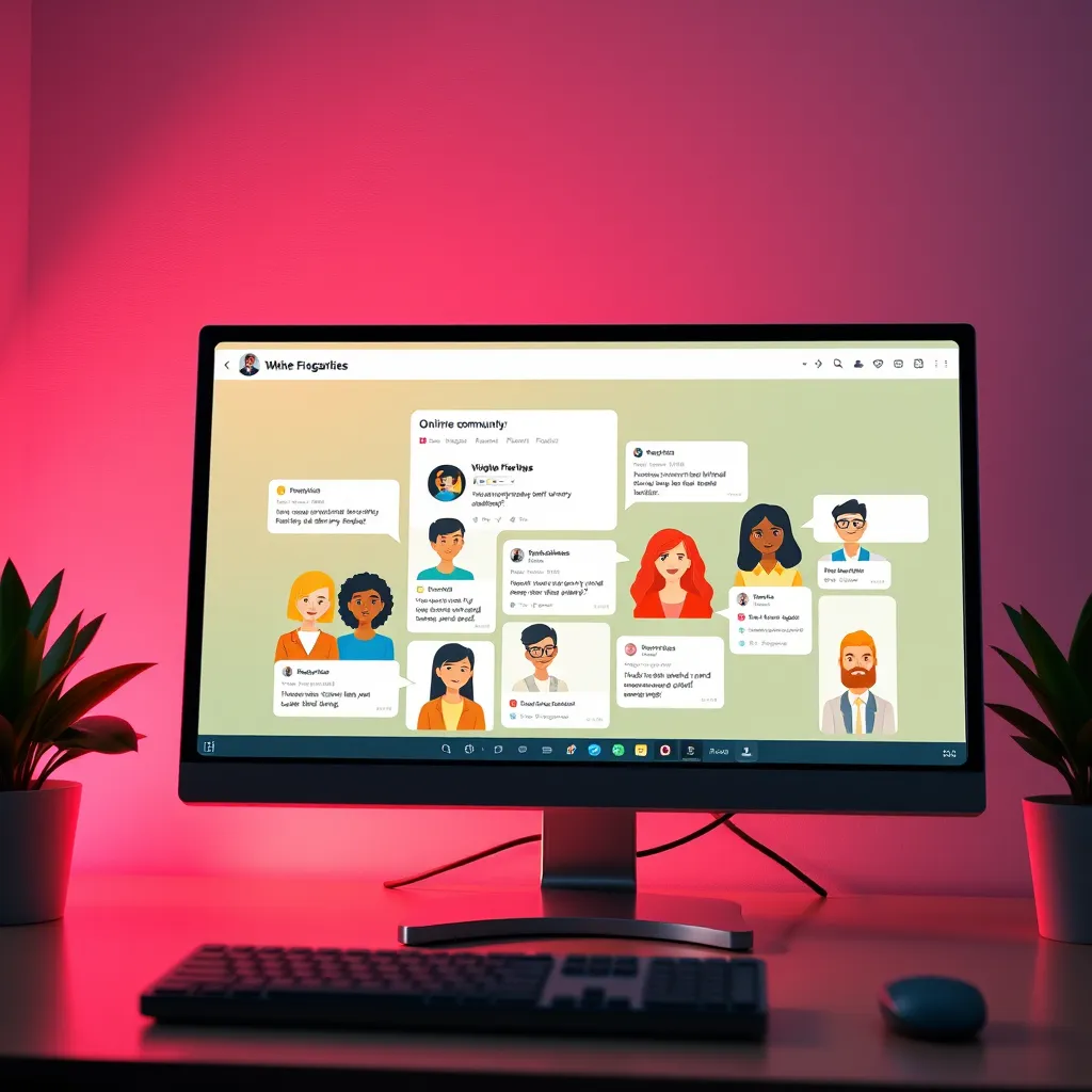 A vibrant online community depicted through a computer screen showing an active forum discussion. The screen should display animated avatars representing diverse individuals engaging positively, with encouraging messages and vibrant backgrounds that symbolize unity and support.