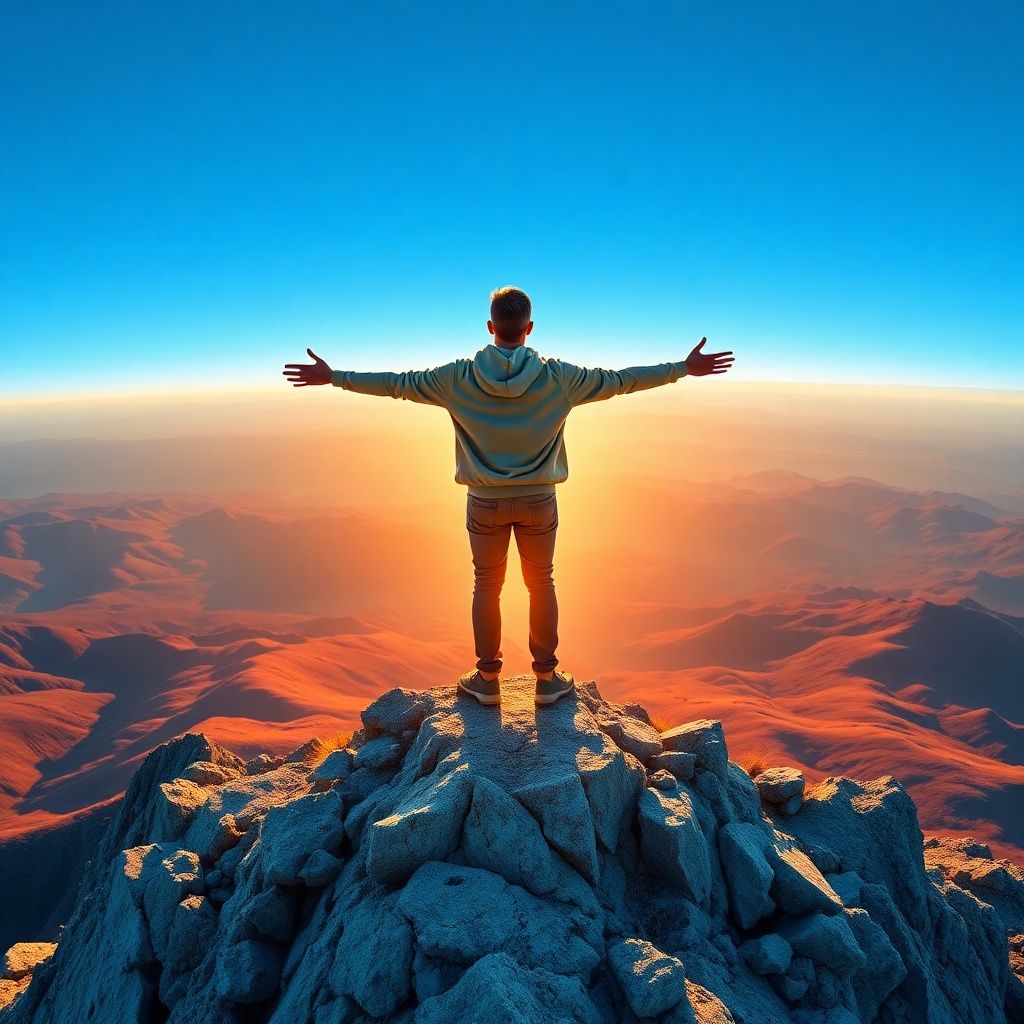 A vibrant, photorealistic image of a person standing on a mountain peak at sunrise, with arms outstretched in triumph. The background showcases a vast landscape of hills and valleys, symbolizing growth and potential, with a clear blue sky.