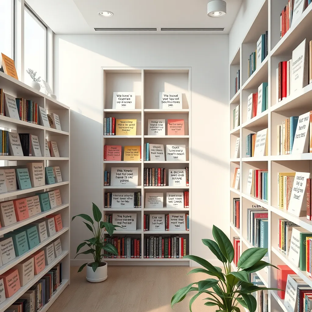 A visually appealing and organized digital library filled with motivational quote cards, each displaying a different quote. The setting is bright and inviting, with soft lighting, showcasing virtual bookcases lined with colorful quote cards and serene decorative elements like plants.
